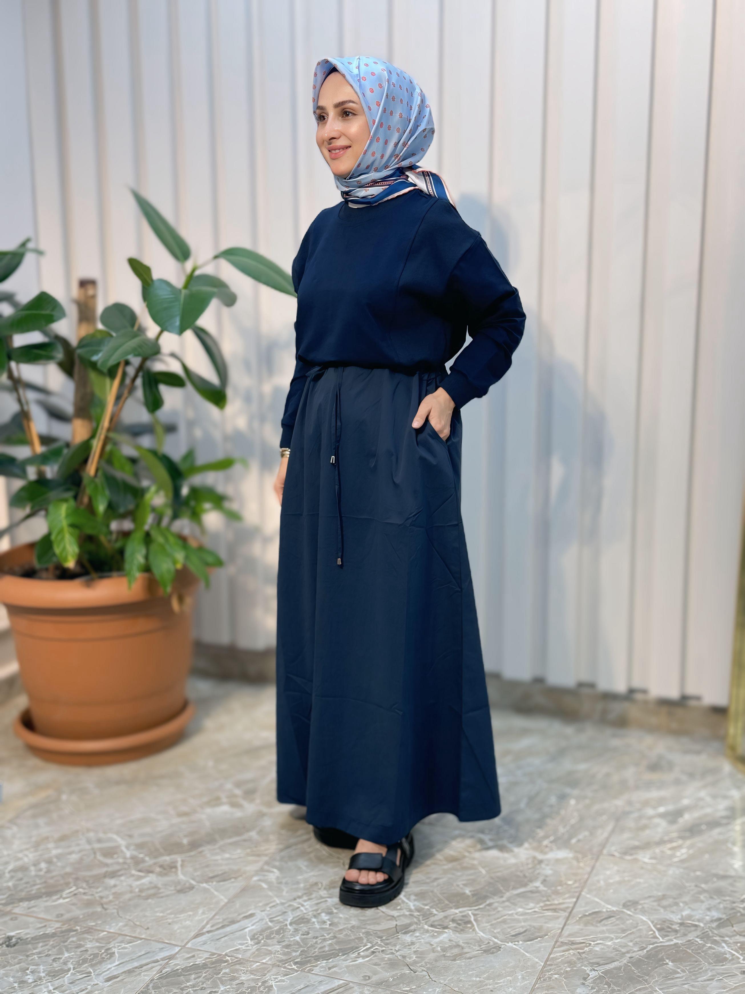 BELDEN BAĞLAMALI CEPLİ PARAŞÜT KUMAŞ ELBİSE-6013