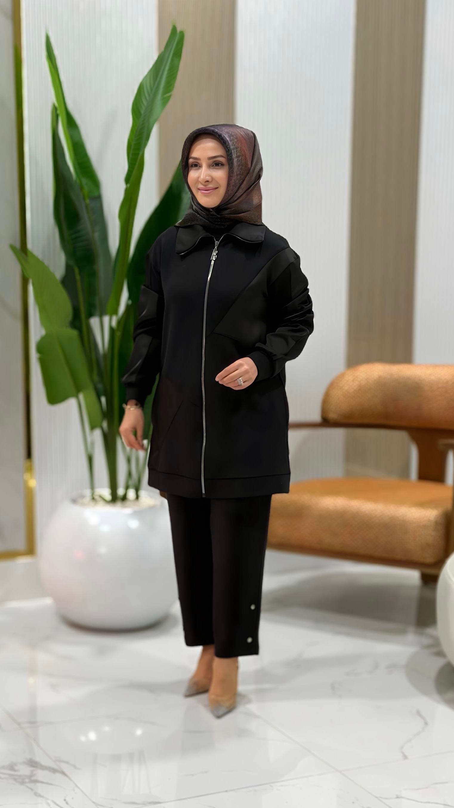 BELLİ FERMUARLI PANTOLONLU TAKIM SİYAH - 25K6017