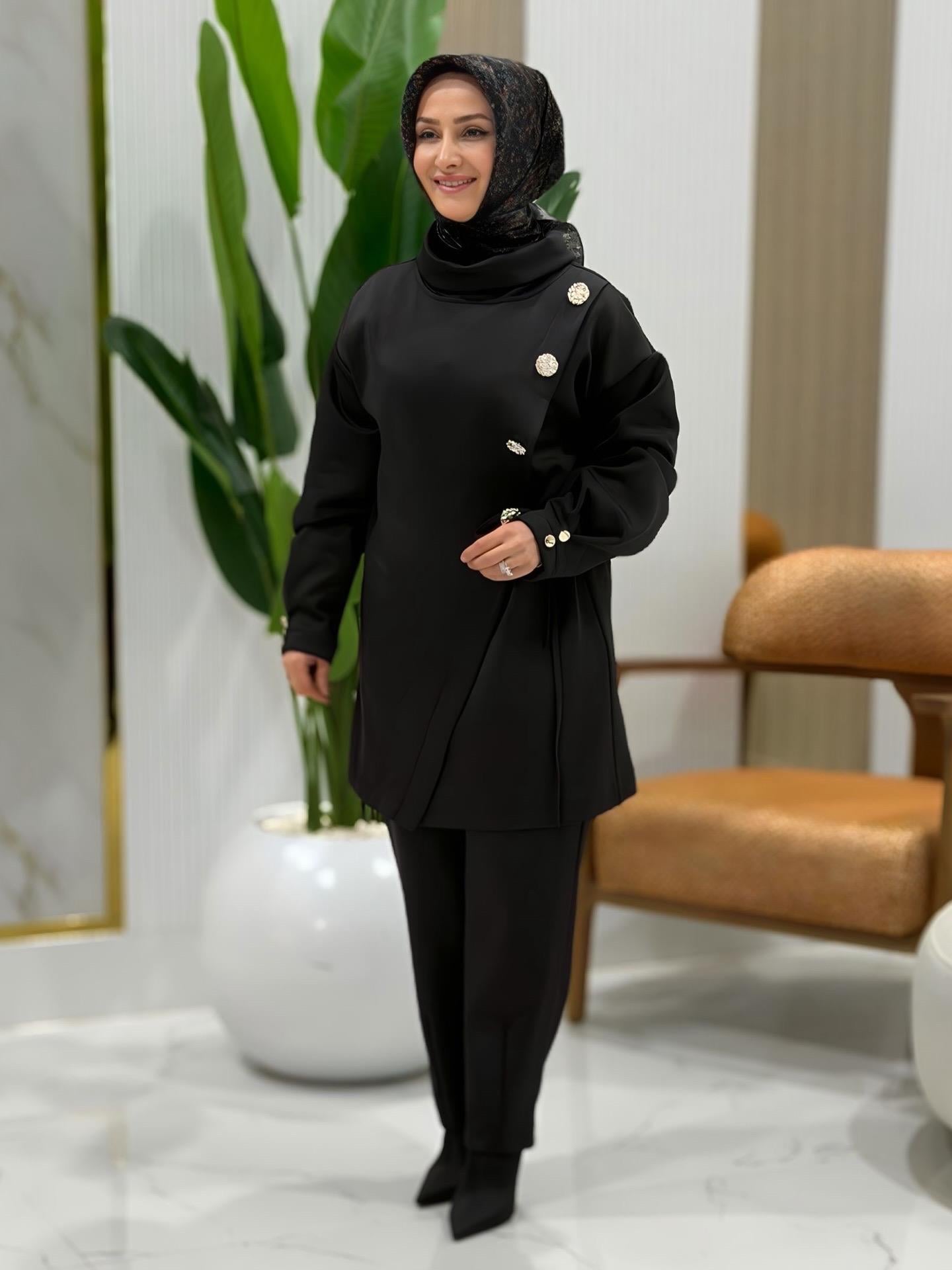 BELLİ VEREV KESİM TUNİK PANTOLONLU TAKIM SİYAH- 26K008