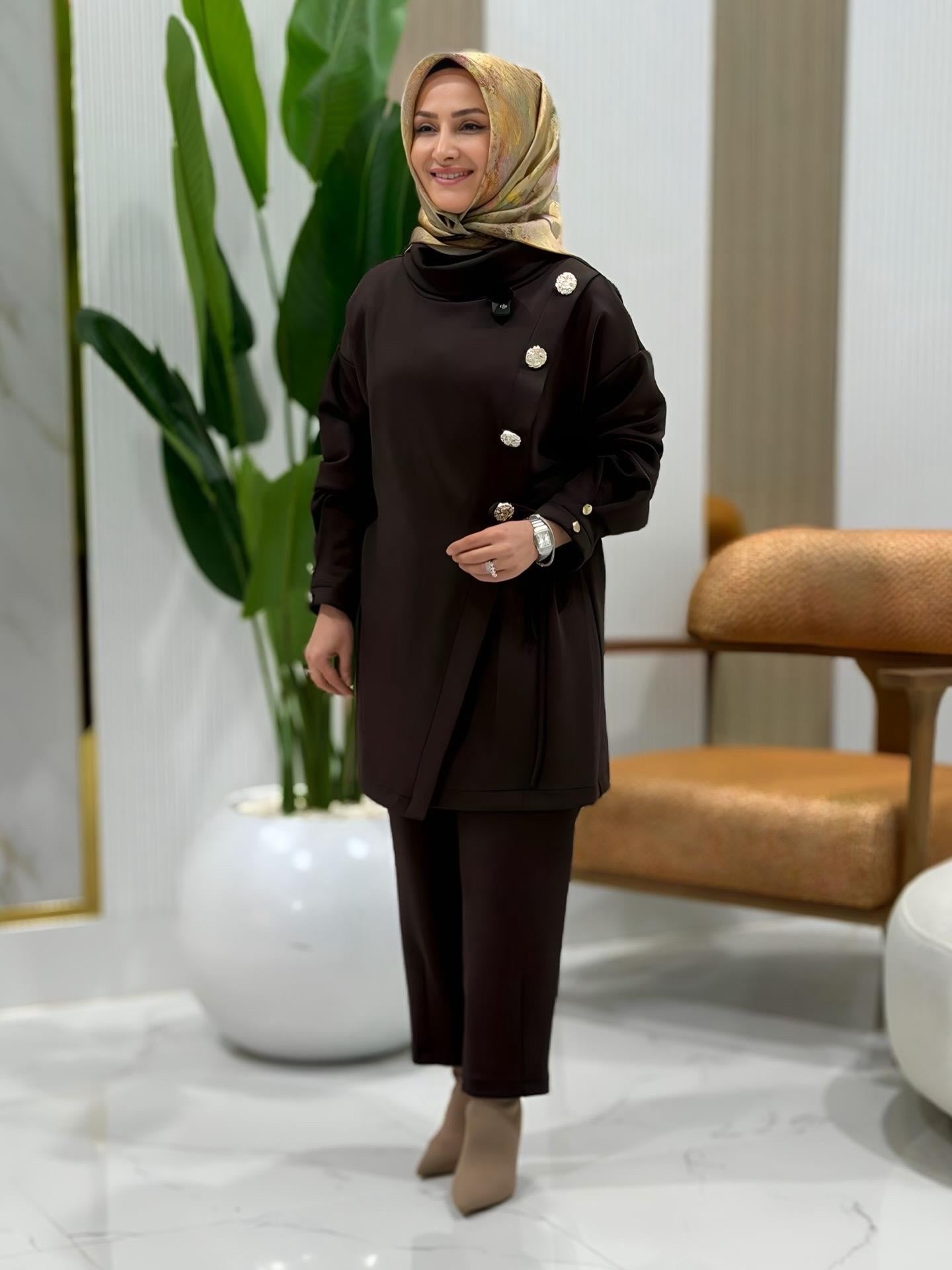 BELLİ VEREV KESİM TUNİK PANTOLONLU TAKIM KAHVE- 26K008