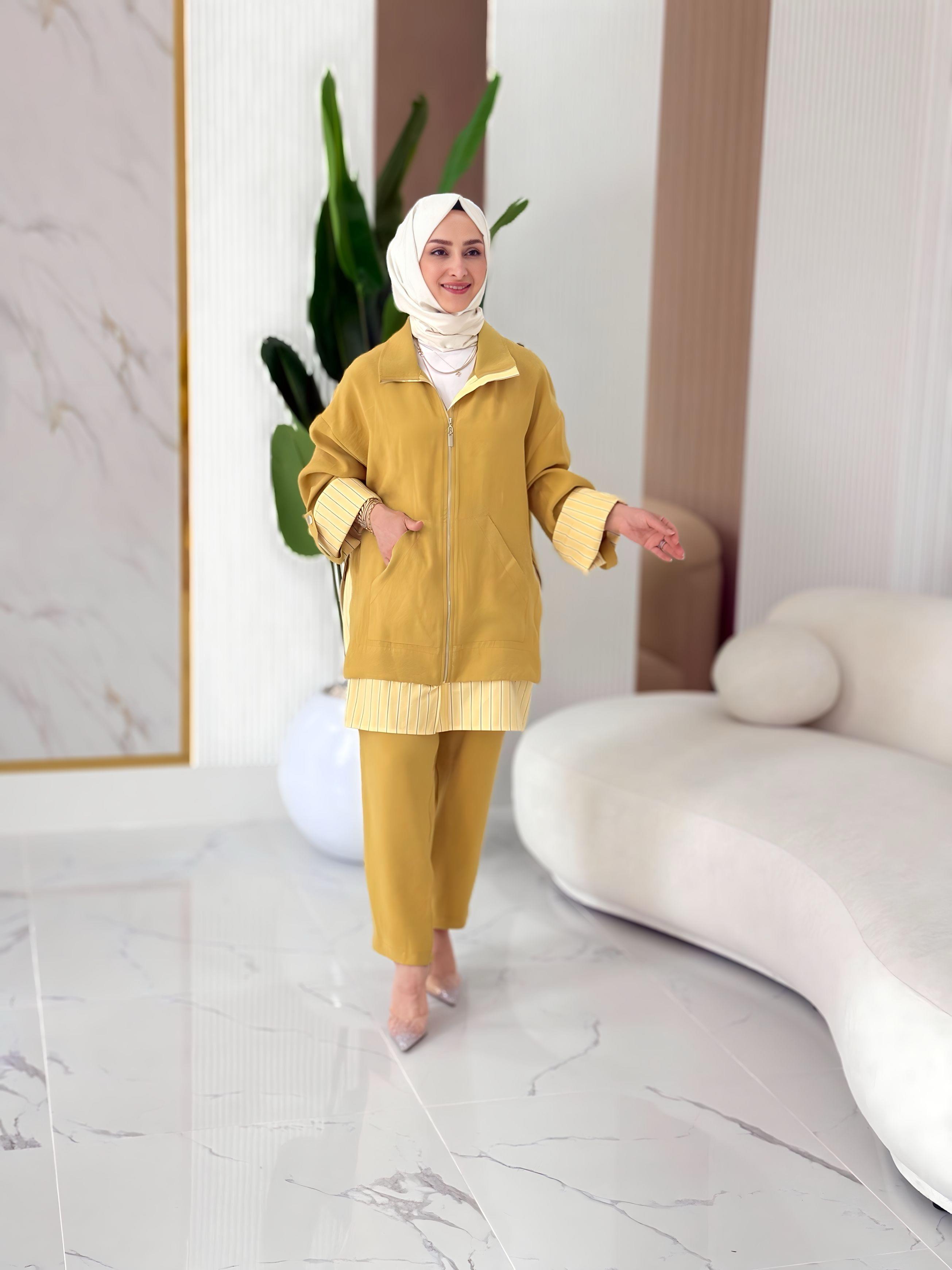 ÇİZGİLİ POPLİN MİXLİ FERMUAR DETAYLI TAKIM-2097.01