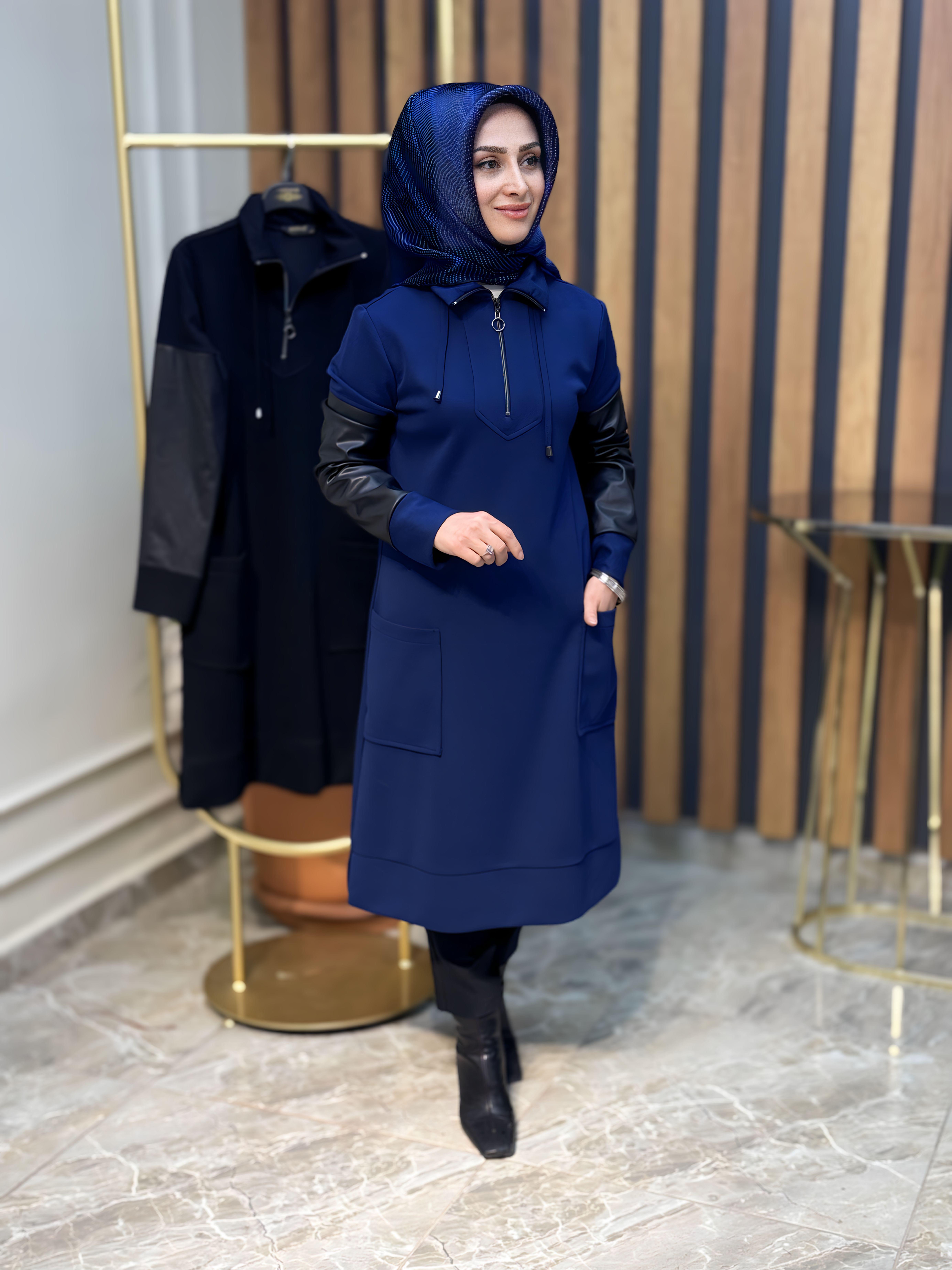 HAYA DERİ GARNİLİ,YAKA FERMUARLI CEPLİ TUNİK-A1245