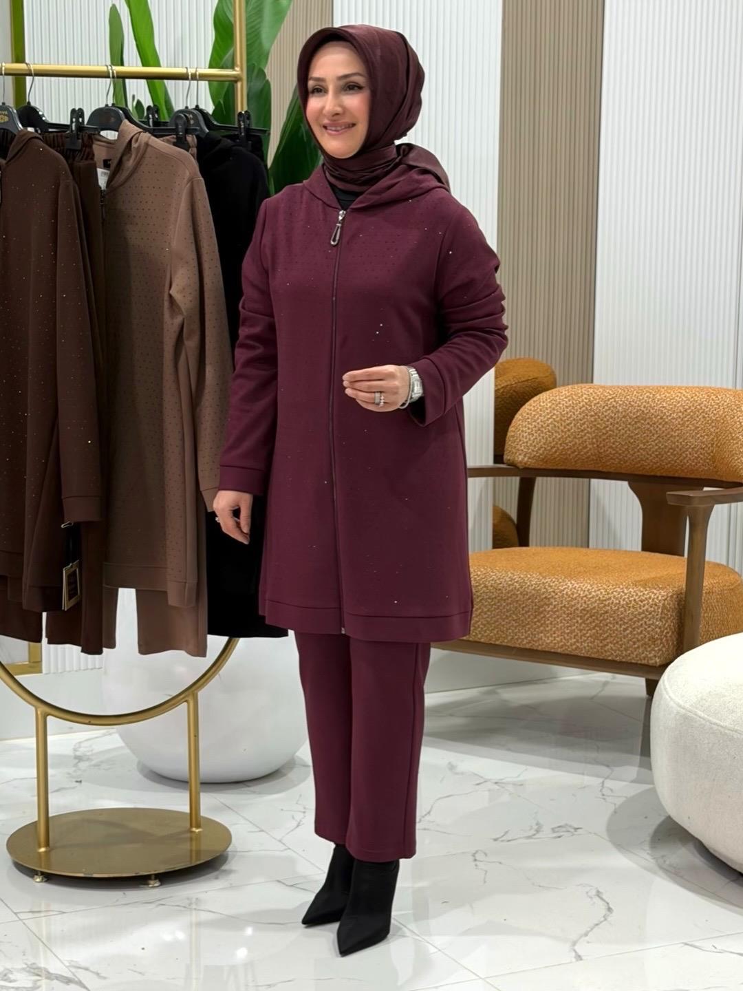 HAYA KAPÜŞONLU TAŞLI PANTOLONLU TAKIM BORDO- 1642