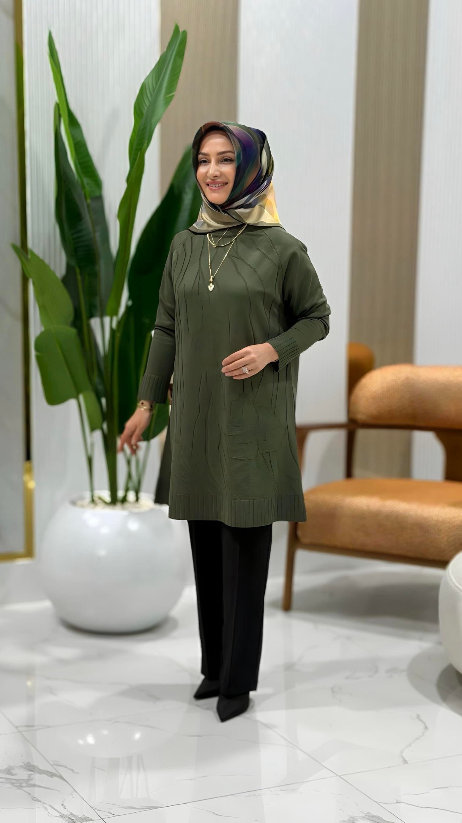 KADO KABARTMA ÇİÇEK DESENLİ TUNİK HAKİ- 2735103