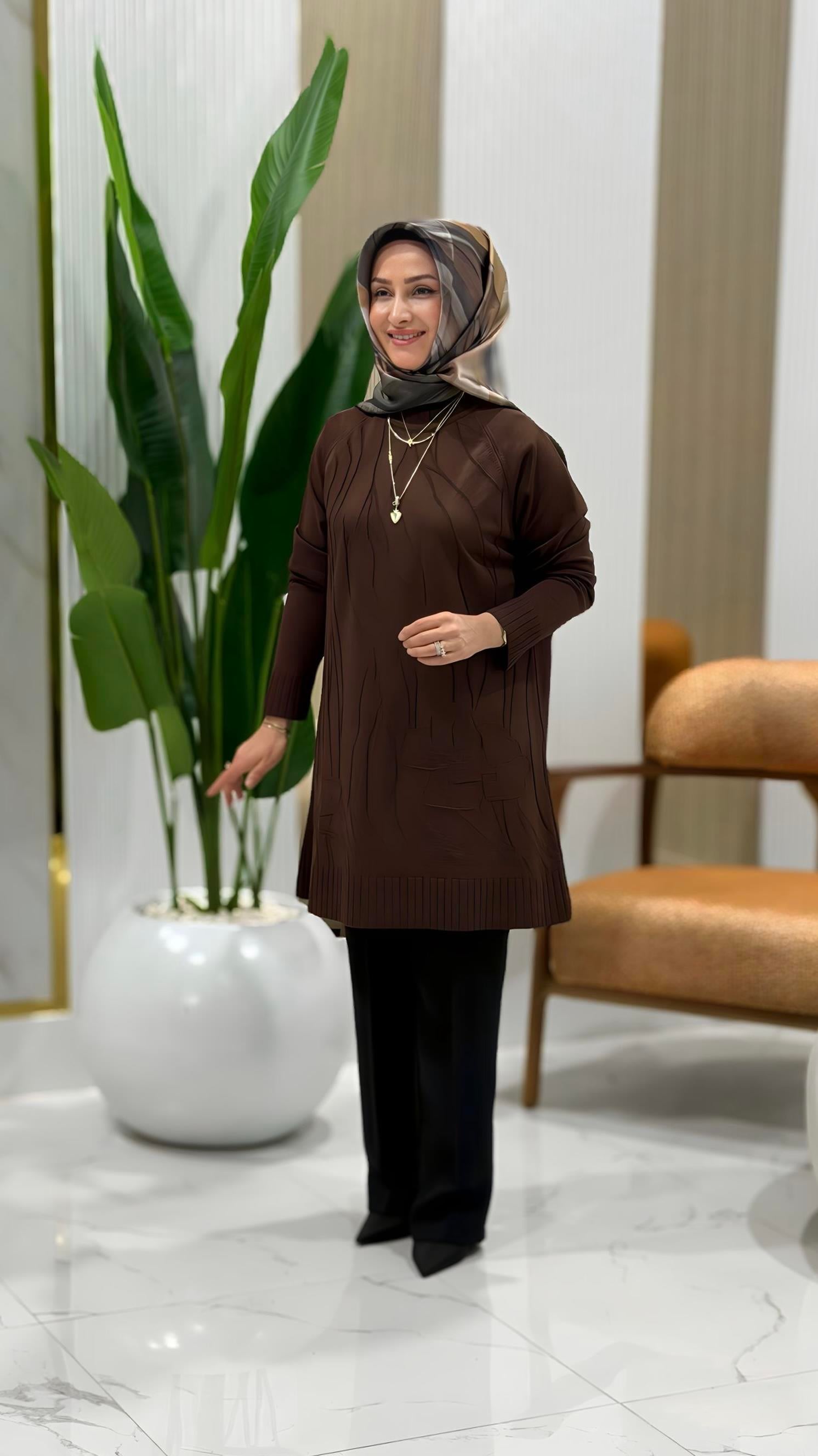 KADO KABARTMA ÇİÇEK DESENLİ TUNİK KAHVE- 2735103