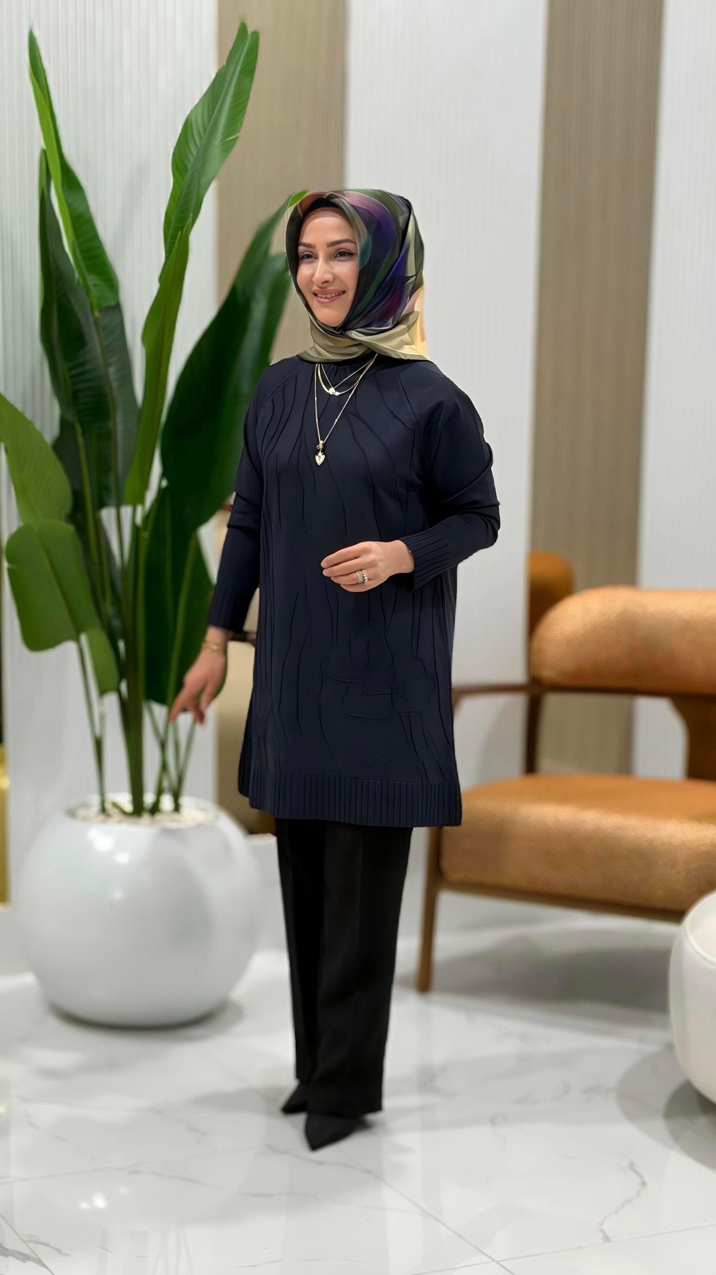 KADO KABARTMA ÇİÇEK DESENLİ TUNİK LACİVERT- 2735103
