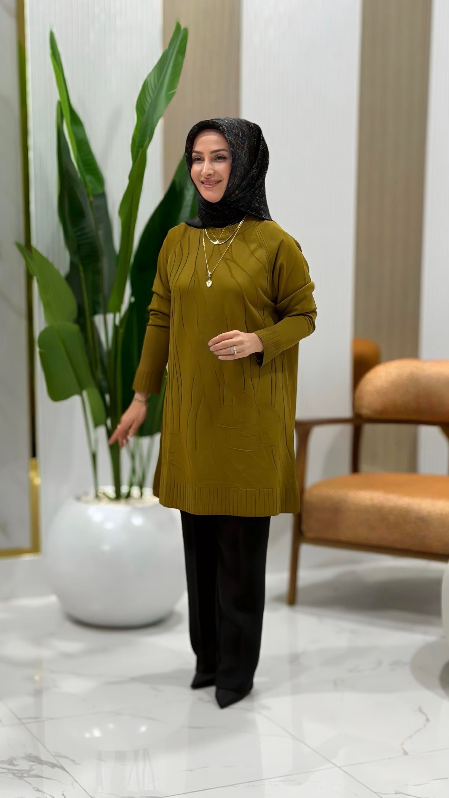 KADO KABARTMA ÇİÇEK DESENLİ TUNİK YAĞ YEŞİLİ 2735103
