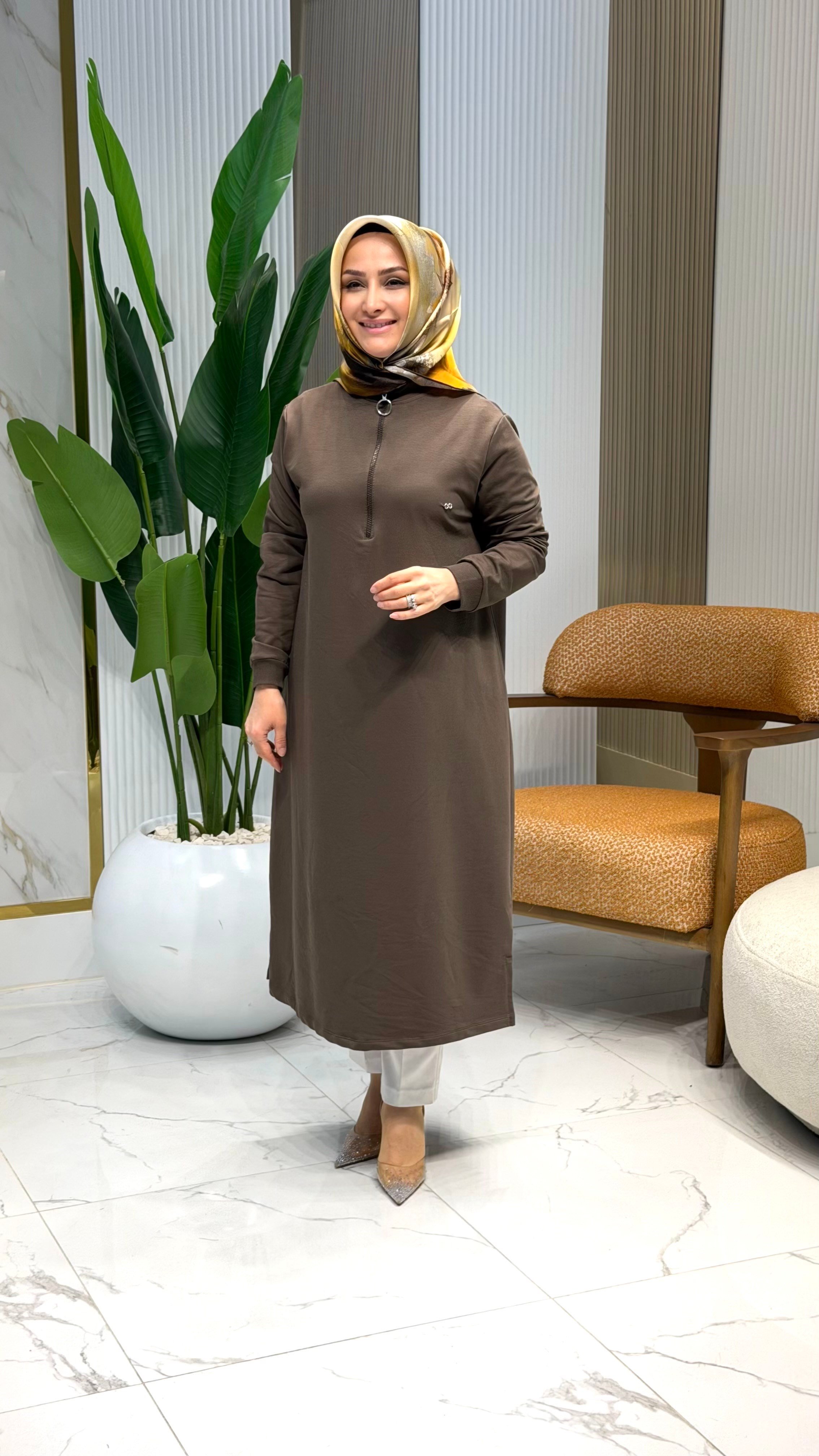 KADO ÖN YARIM FERMUARLI TUNİK KAHVE- 2322