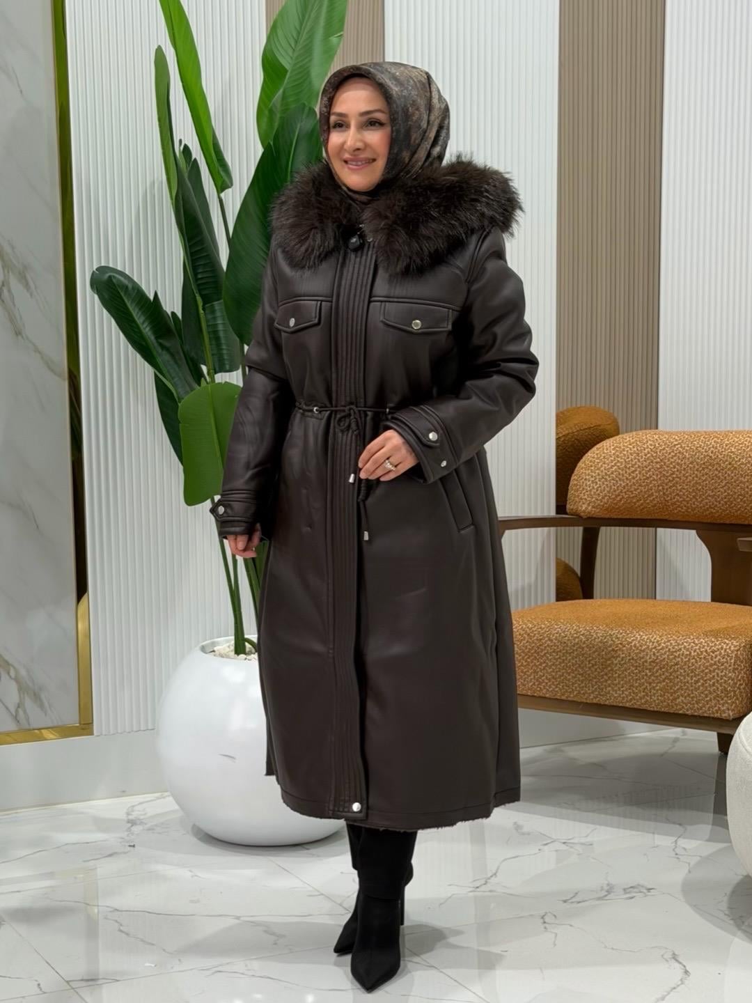 KAYRA KÜRK DETAYLI SUNİ DERİ MONT KAHVE-KA-A25-27326-15