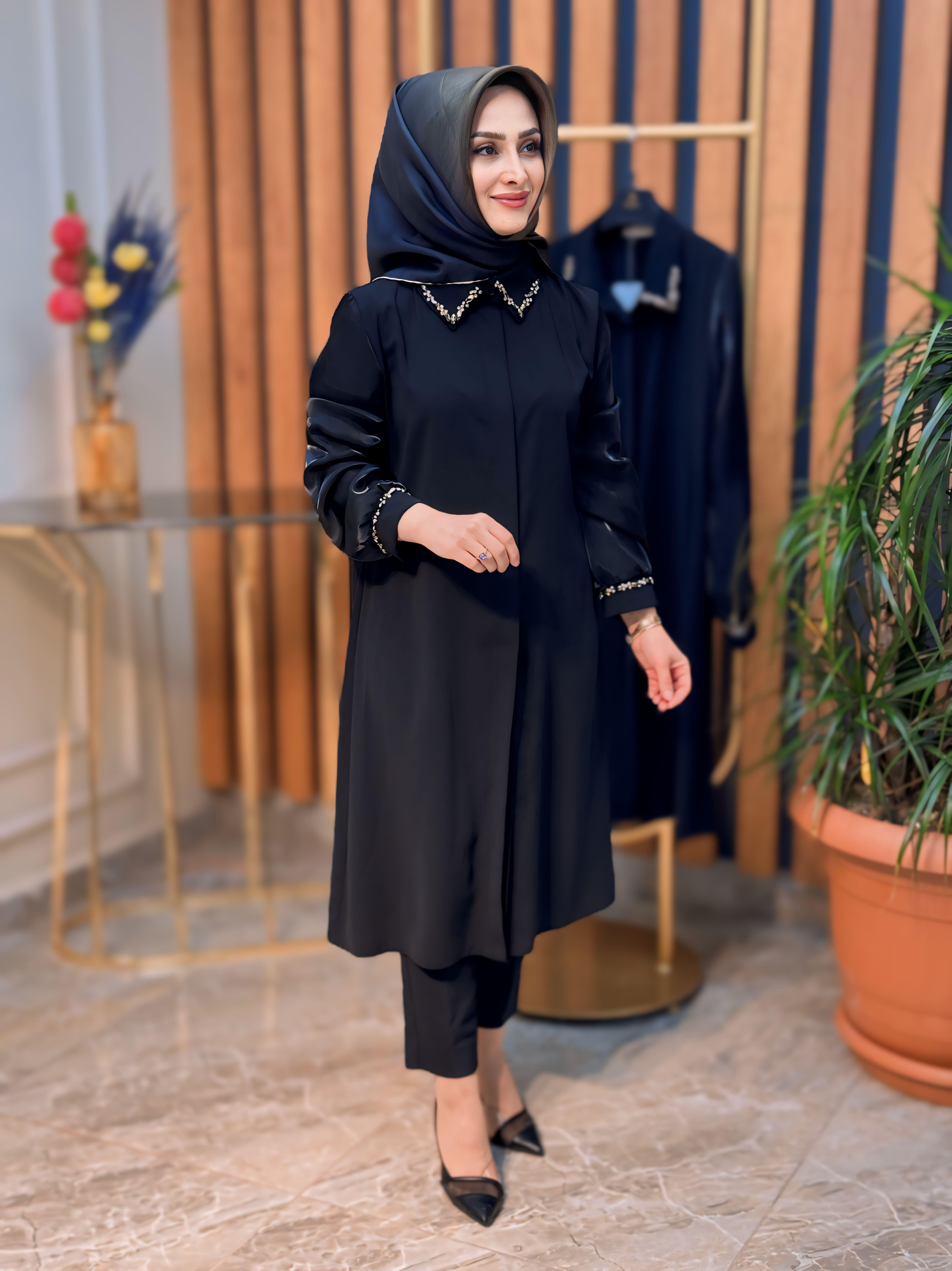 KOLLARI ORGANZE YAKASI VE KOL UCU TAŞLI TUNİK -2702