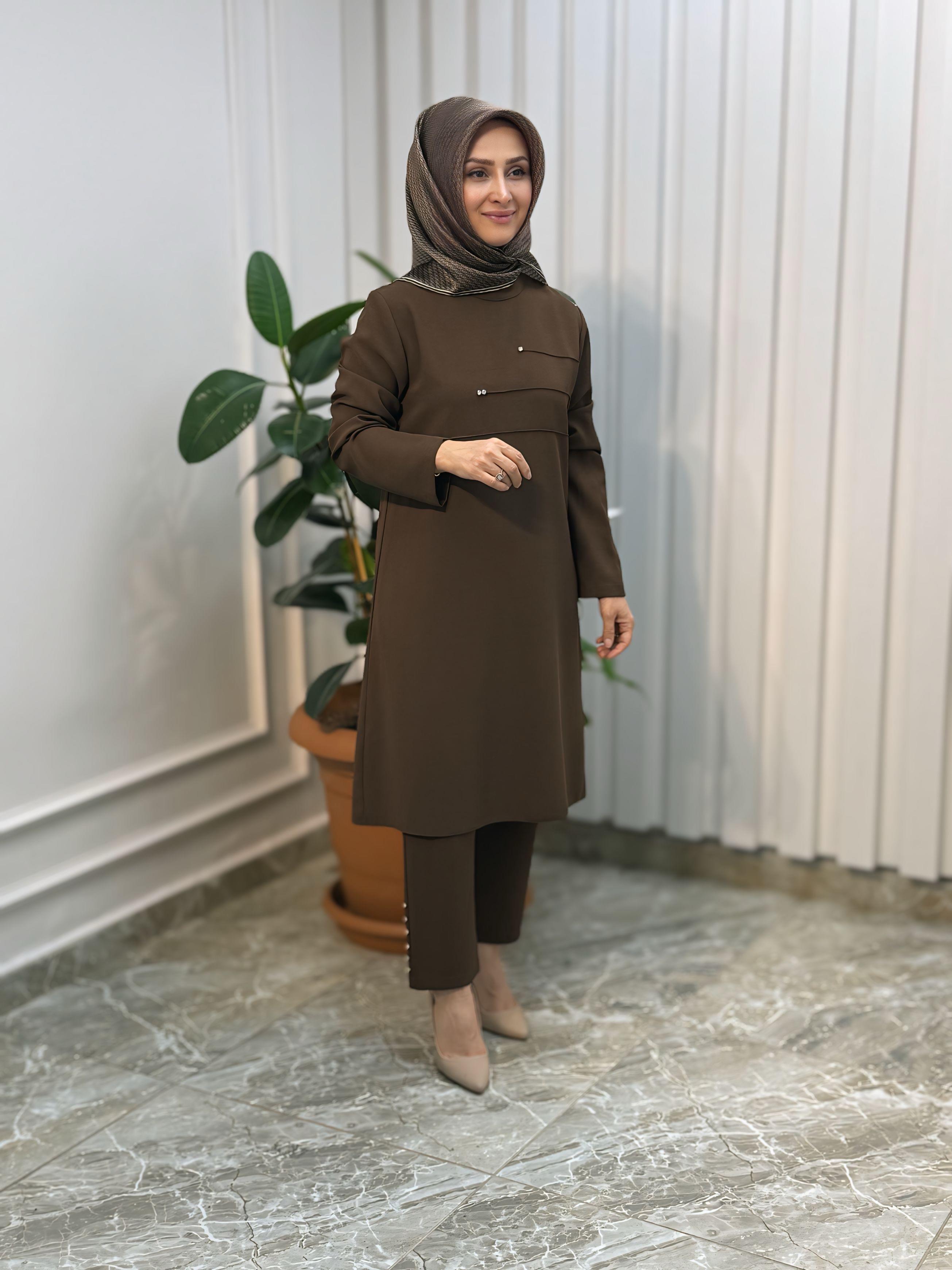 ÖNÜ NERVÜRLÜ TAŞ DETAYLI PANTOLONLU TAKIM-4190