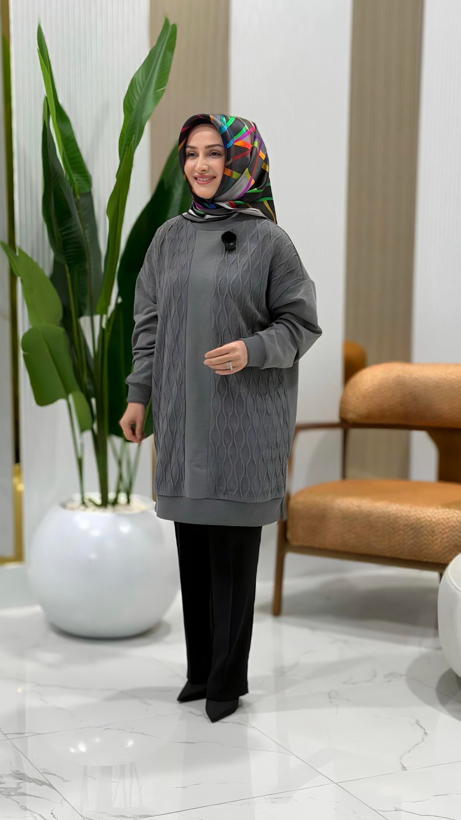 PUANE DALGA DESEN TUNİK GRİ- 10760