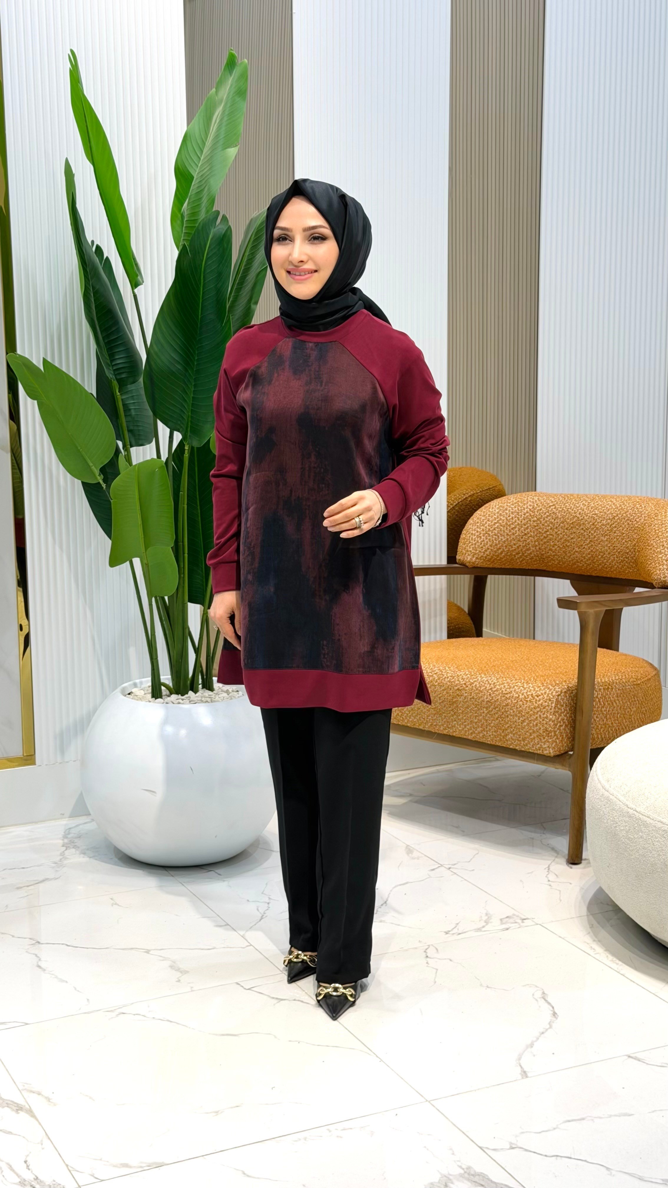 REGLAN KOL ÖNÜ QUPRA GARNİLİ KADIN MODAL TUNİK BORDO KADO 262854