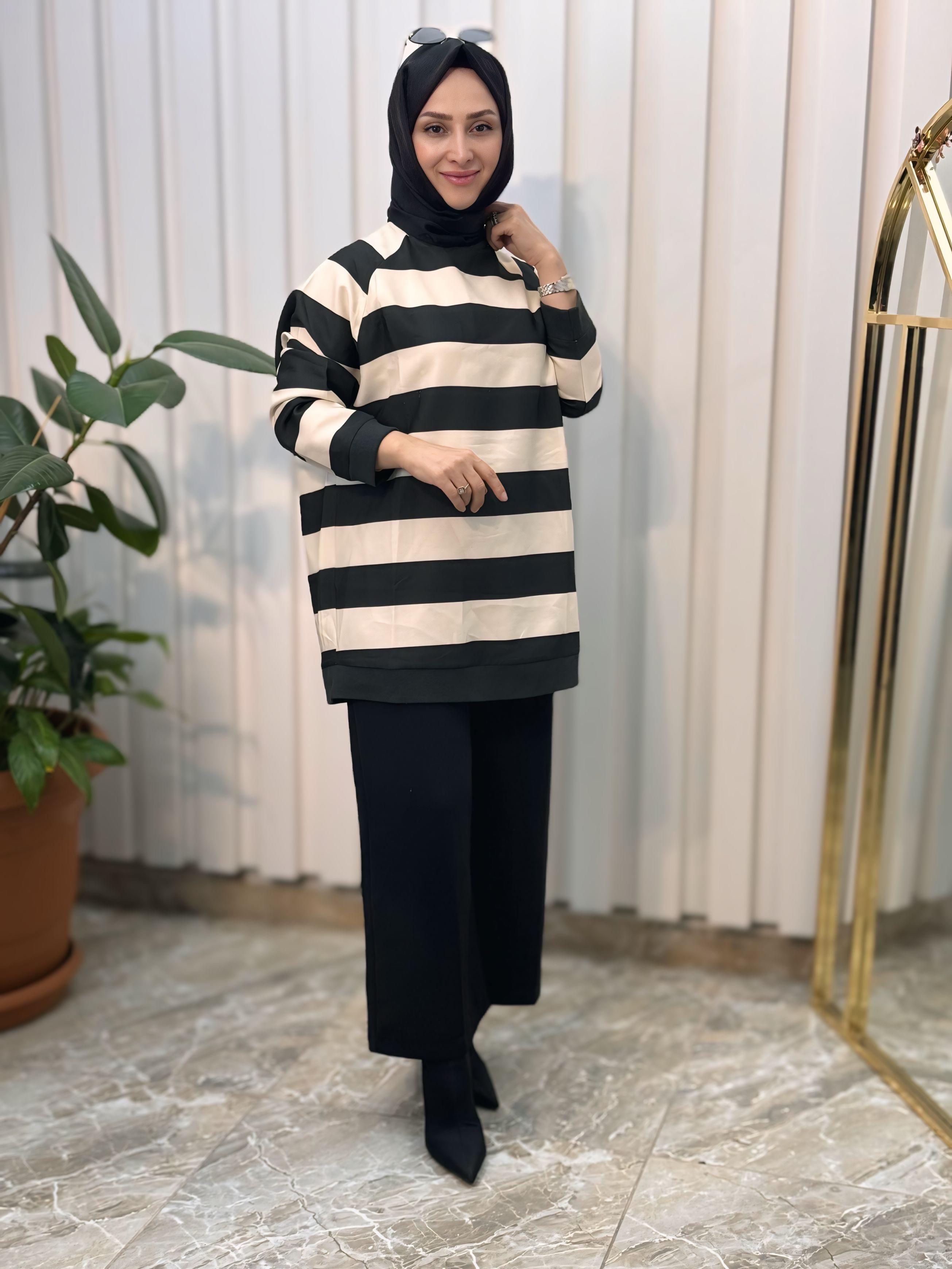 SİYAH ÇİZGİLİ KREP TUNİK-0032