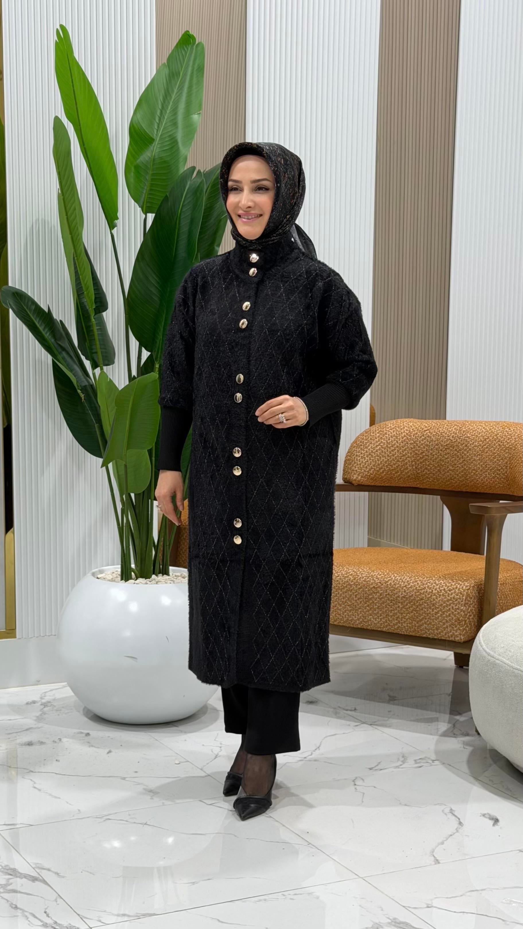 SOFF ÖNÜ DÜĞMELİ KOL RİBANALI ANGORA HIRKA SİYAH - 4949
