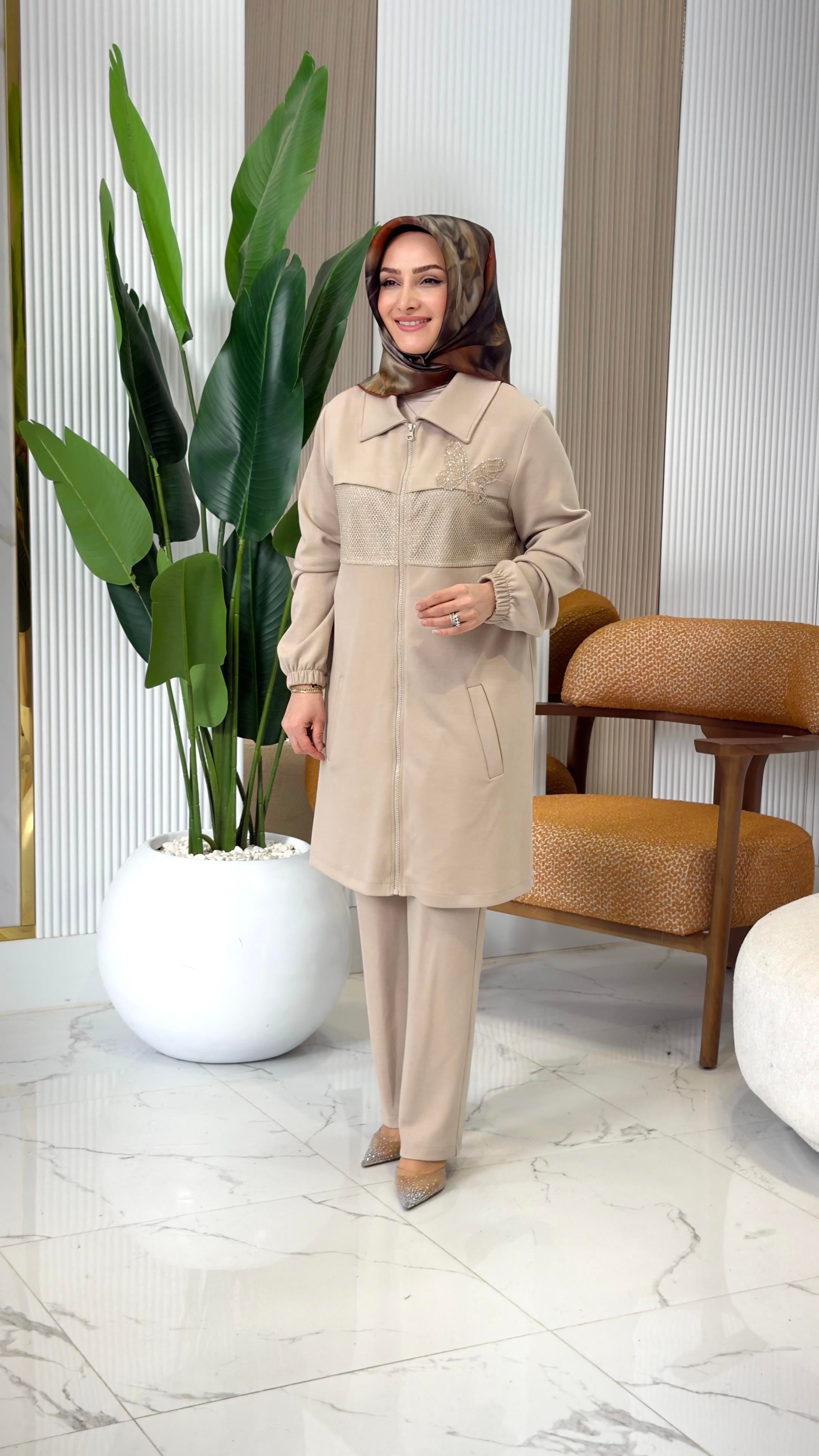 WNW FİLE DETAYLI PANTOLONLU TAKIM 2404-BEJ