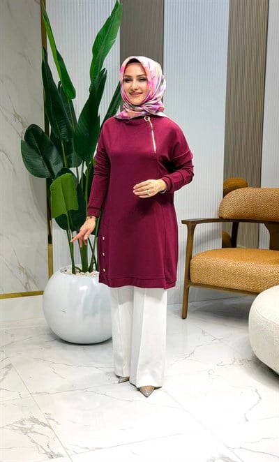 KADO YAKA FERMUARLI YANI ZIMBA DETAYLI KADIN TUNİK 257668 - VİŞNE