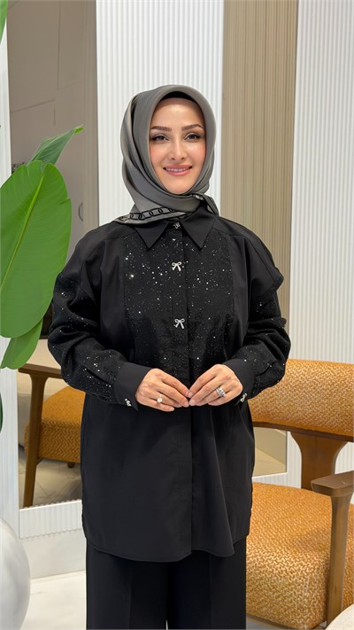 TIĞ TRİKO GLİTTER BASKI EFEKTLİ GÖMLEK SİYAH 4072.01