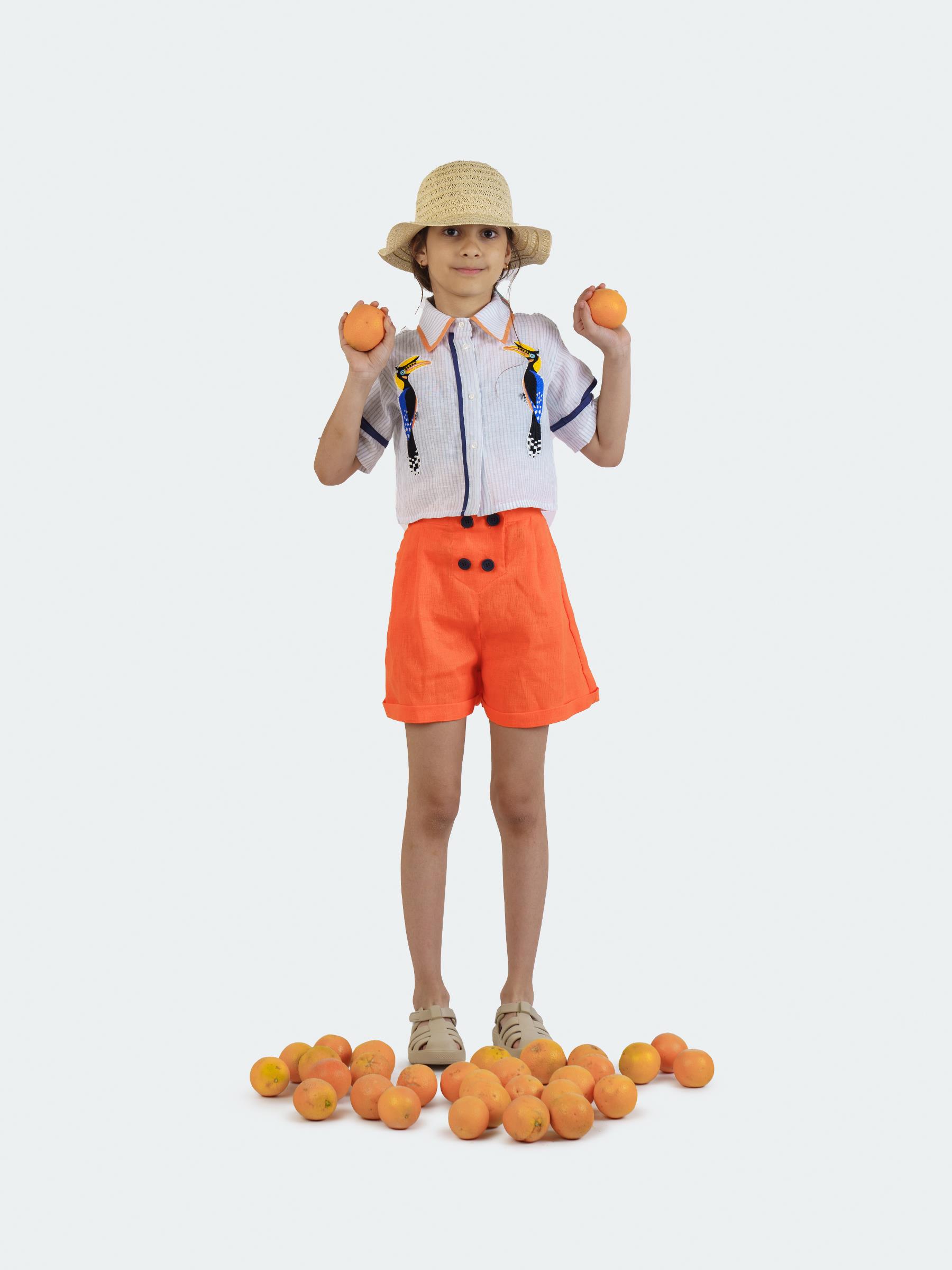 Kontrast Düğmeli Keten Şort