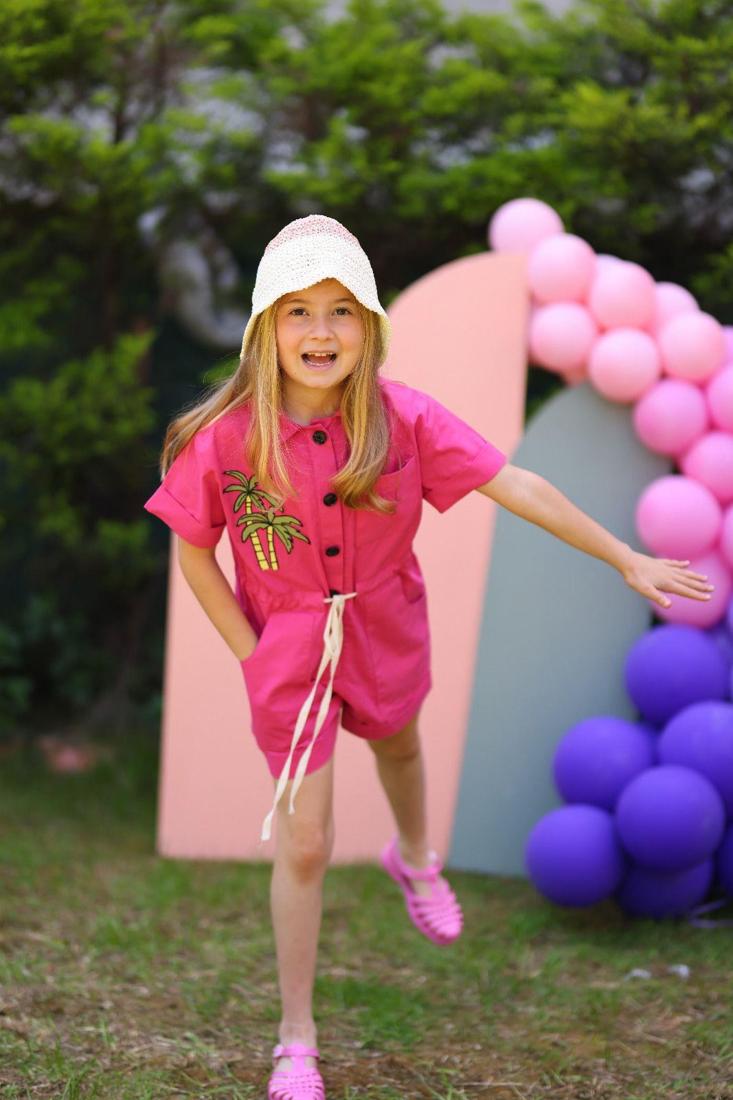 Pembe Nakış Detaylı Keten Tulum 