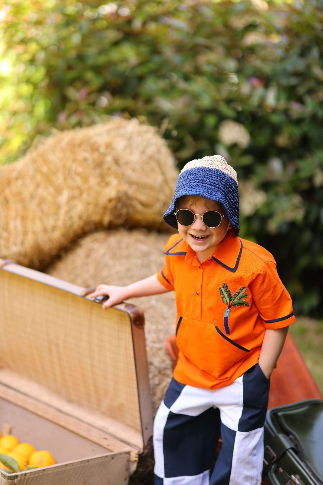 Turuncu Nakış Detaylı Keten Gömlek