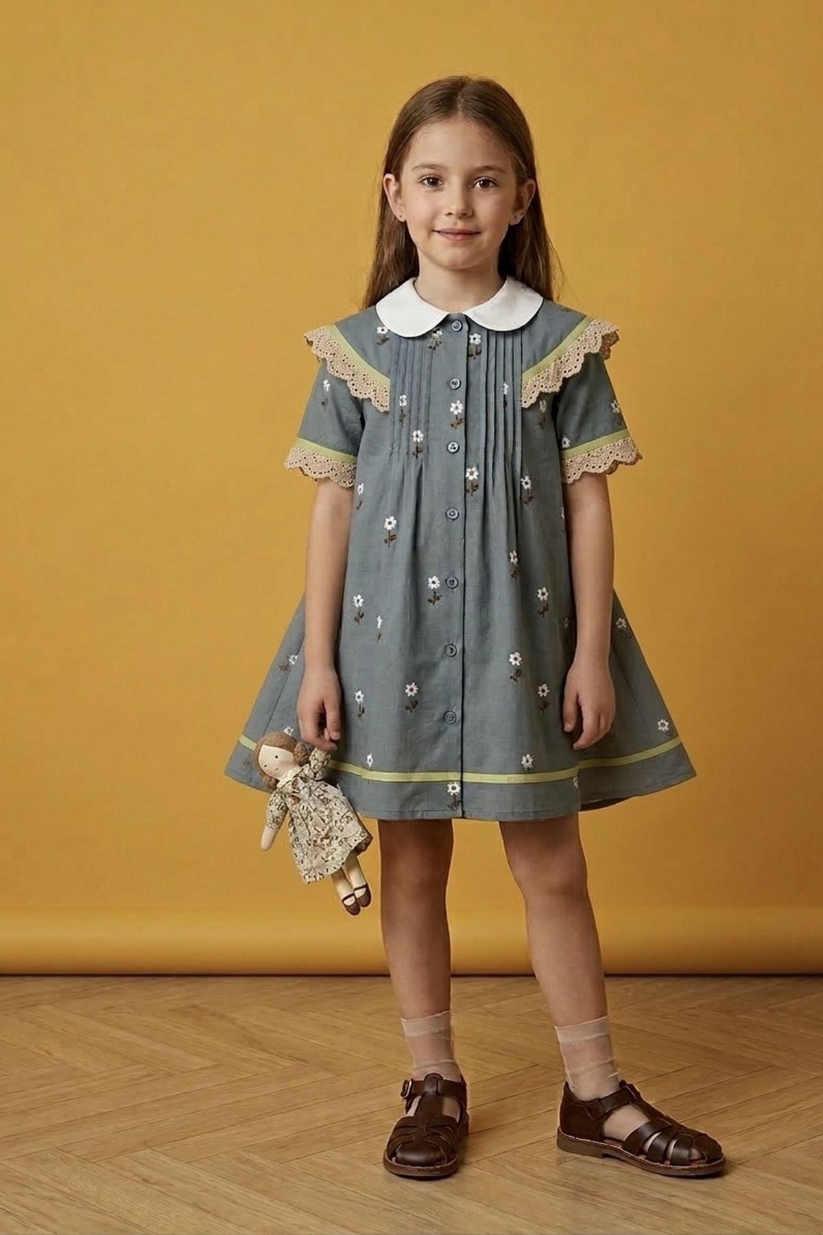 Çiçek Desenli Fistolu Mavi Elbise