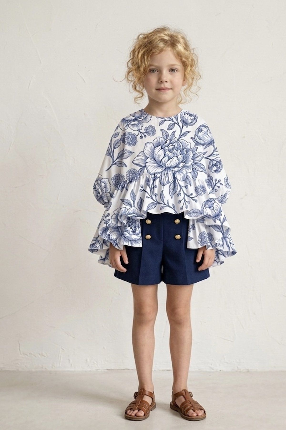 Çiçek Desenli Keten Fırfır Bluz