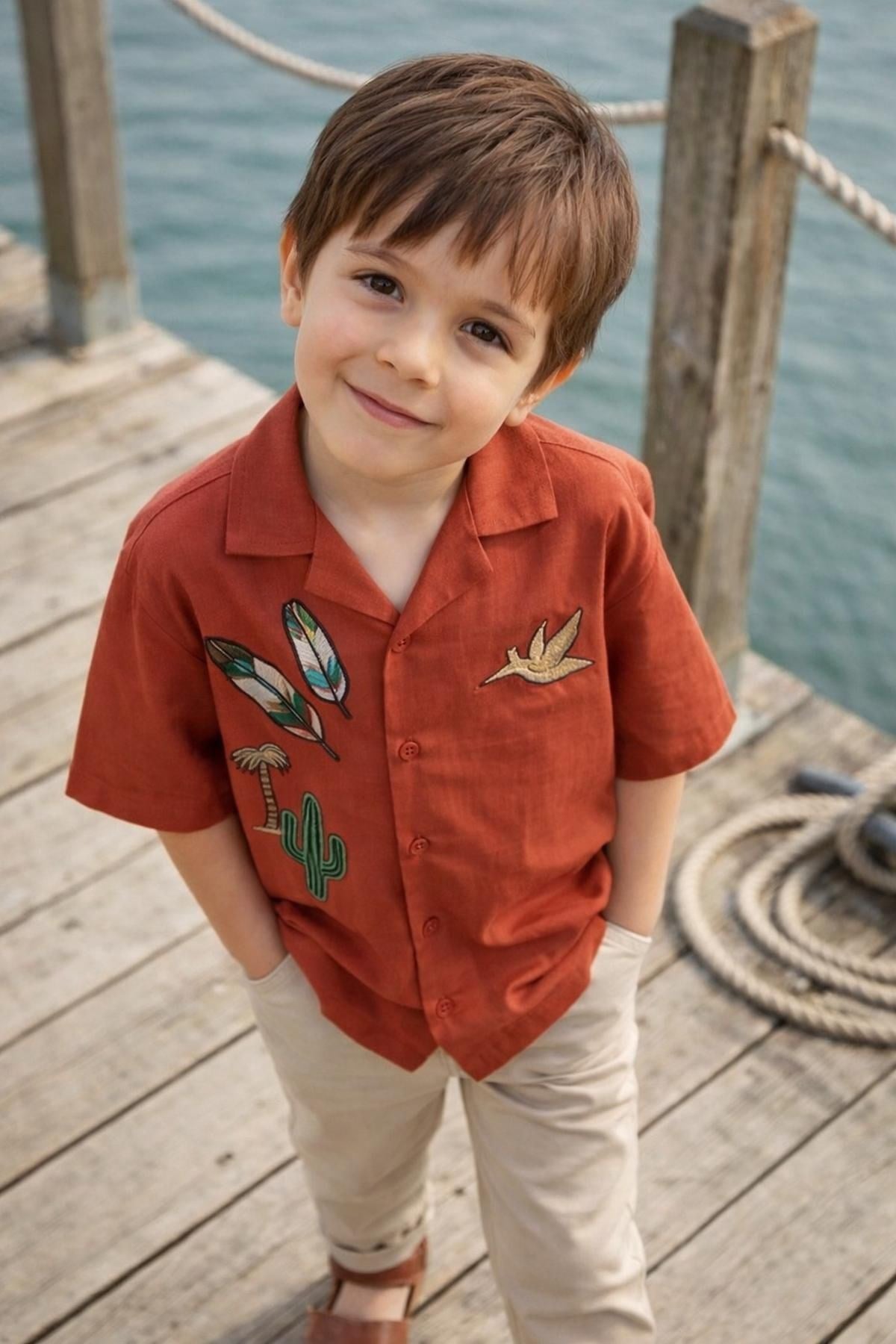 Kızılderili Aplikli Kiremit Keten Gömlek