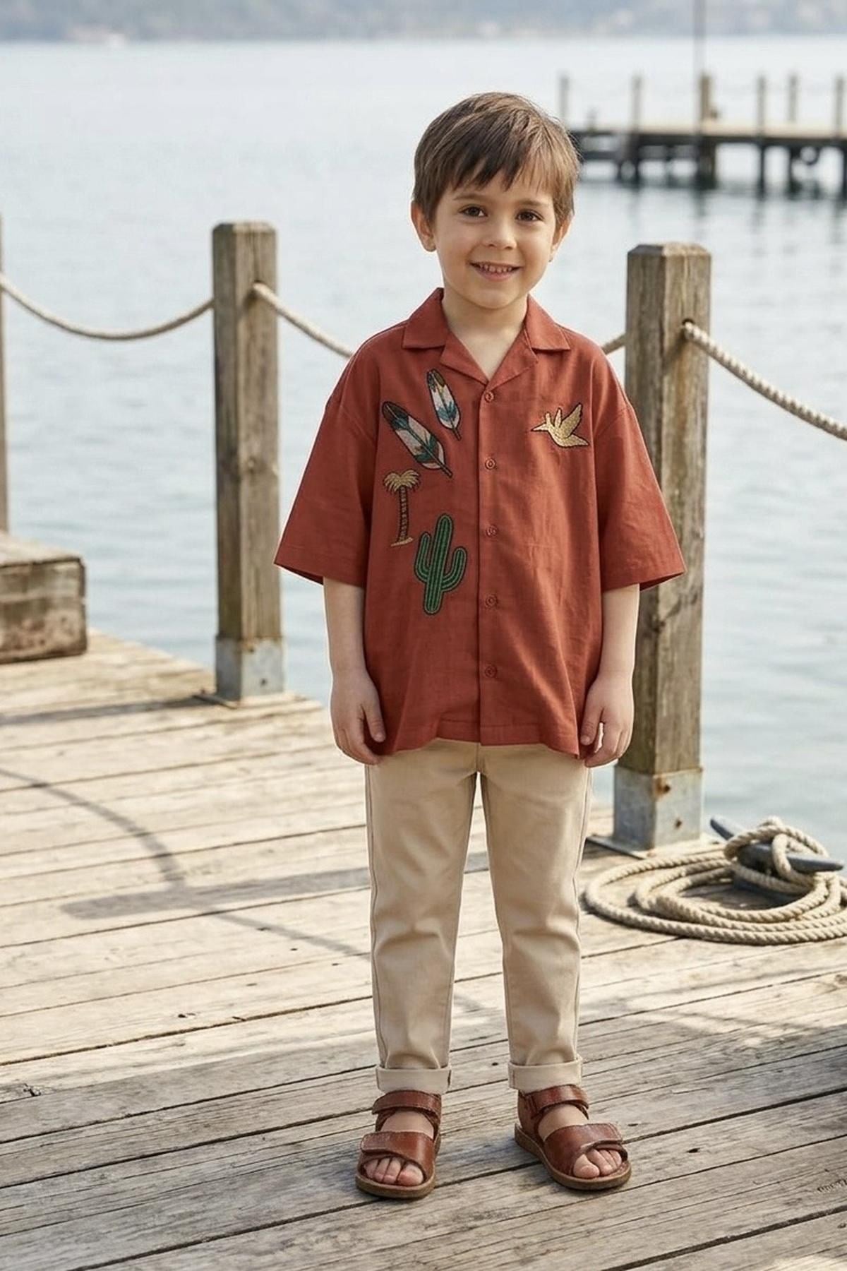 Kızılderili Aplikli Kiremit Keten Gömlek