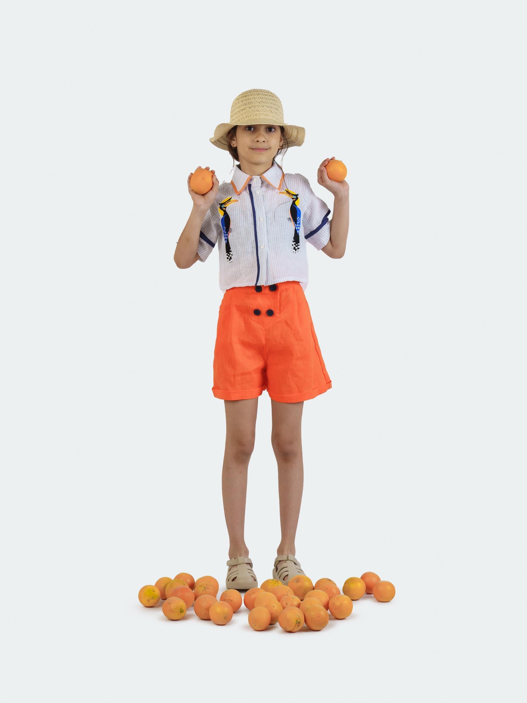 Kontrast Düğmeli Keten Şort