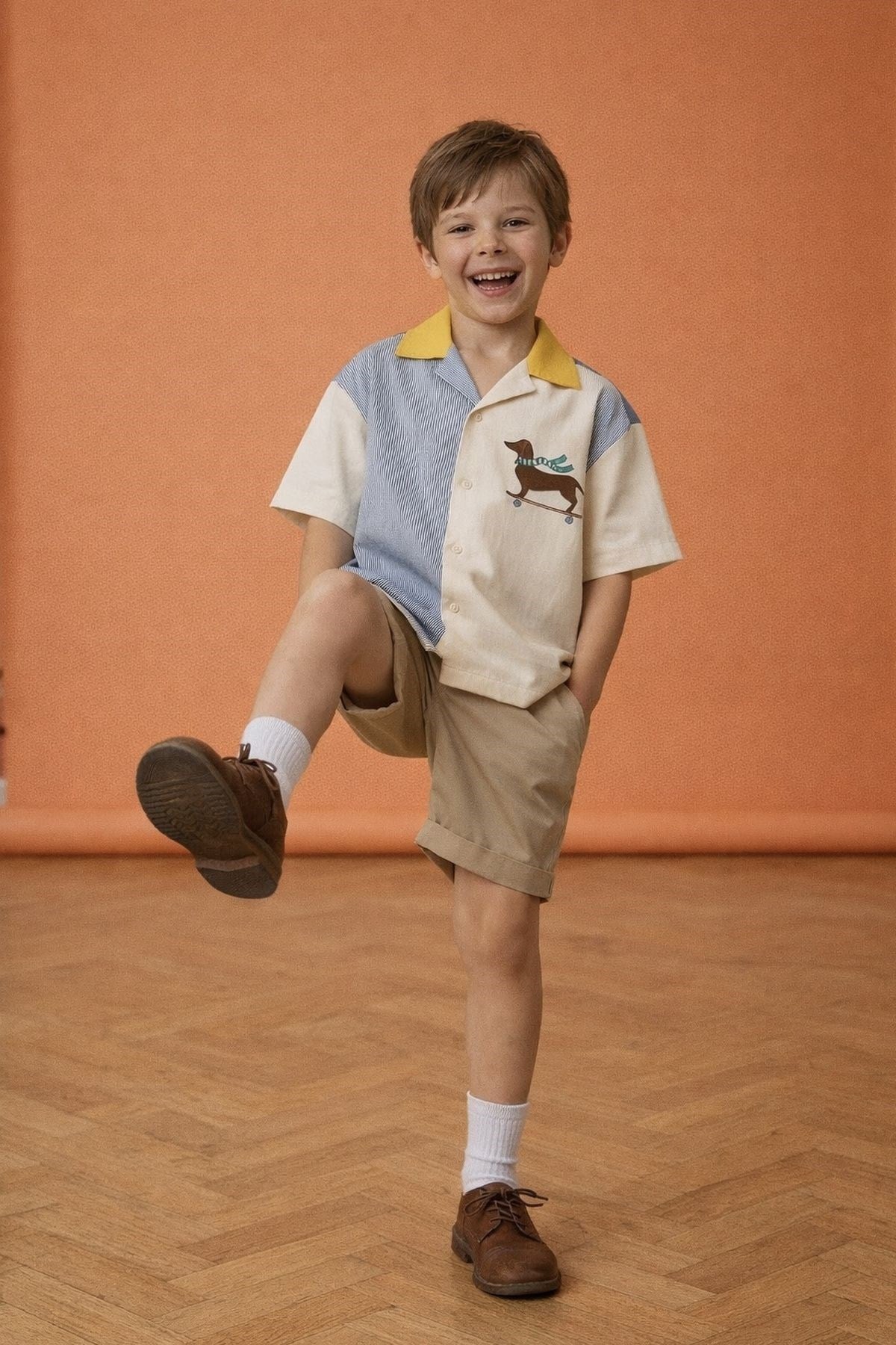 Köpek Nakışlı Renk Bloklu Gömlek