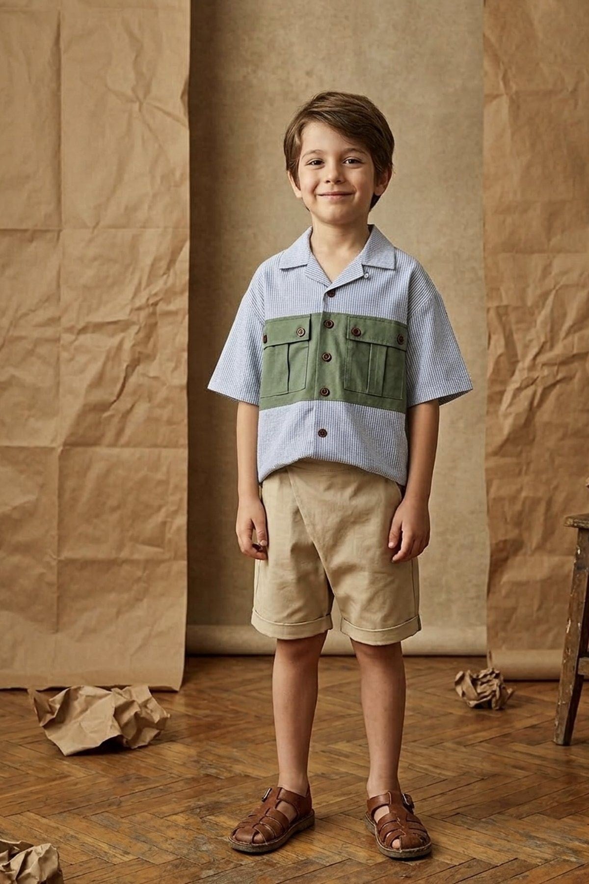 Kumaş Bloklu Çizgili Gömlek