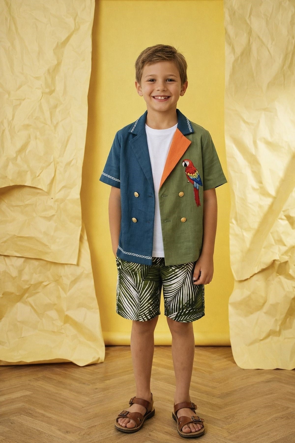 Papağan Nakışlı Renk Bloklu Keten Gömlek