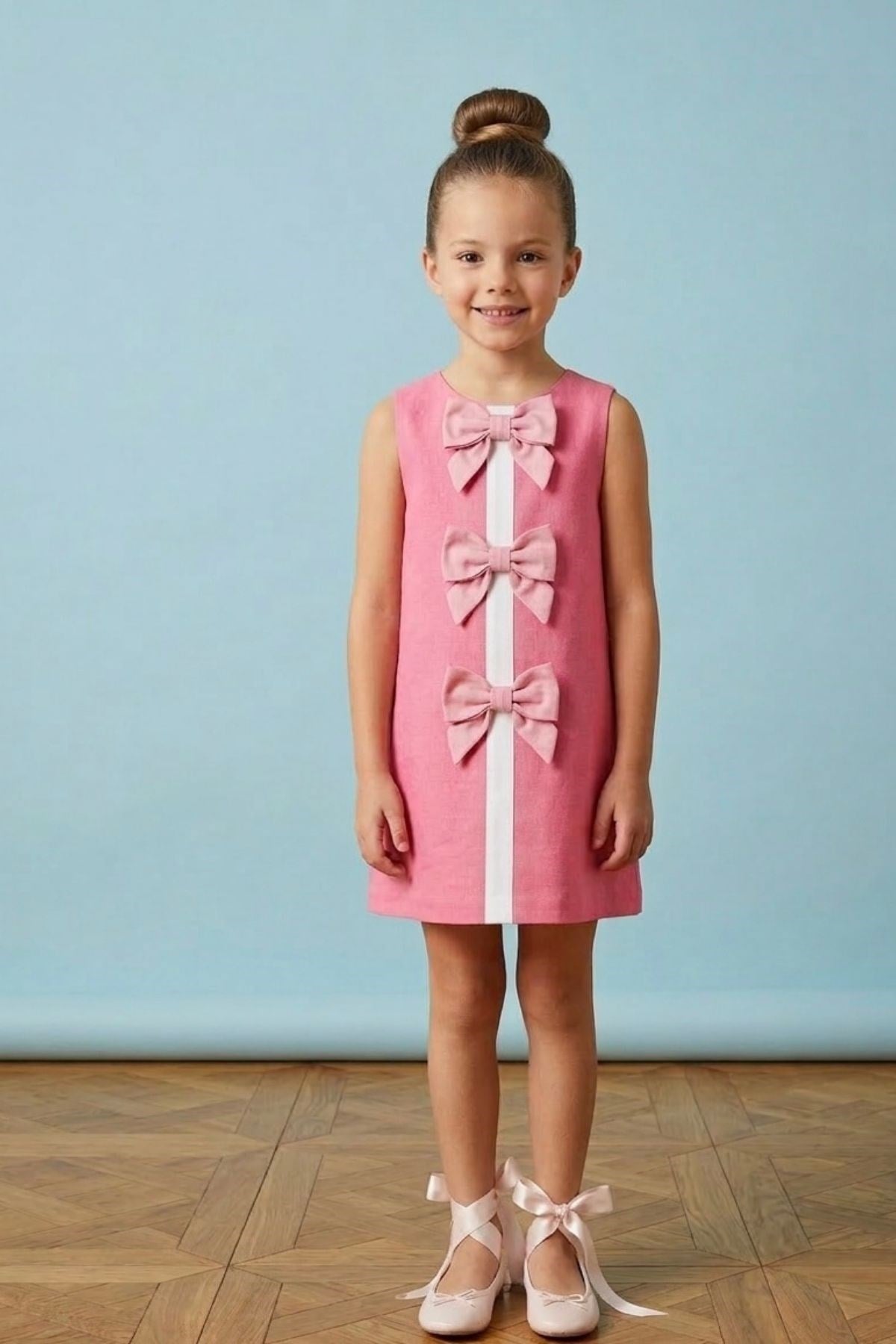 Pembe Kurdele Detaylı Pembe Çan Elbise