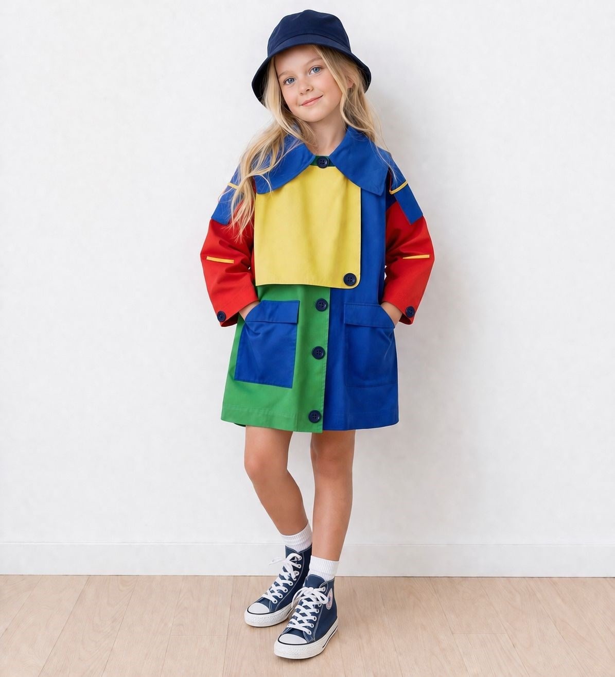 Renk Bloklu Kız Trençkot