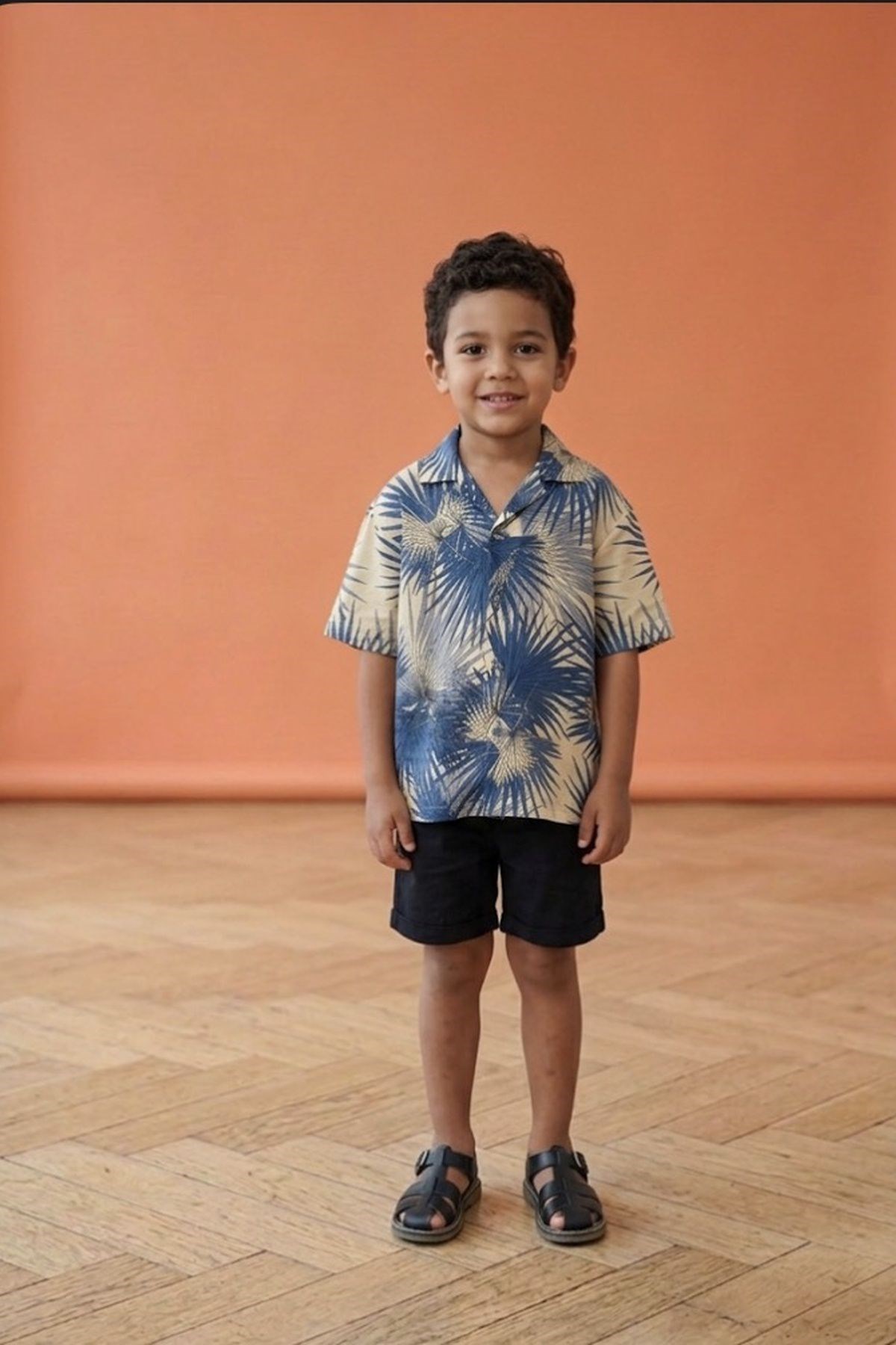 Saks Palmiye Desenli Keten Gömlek