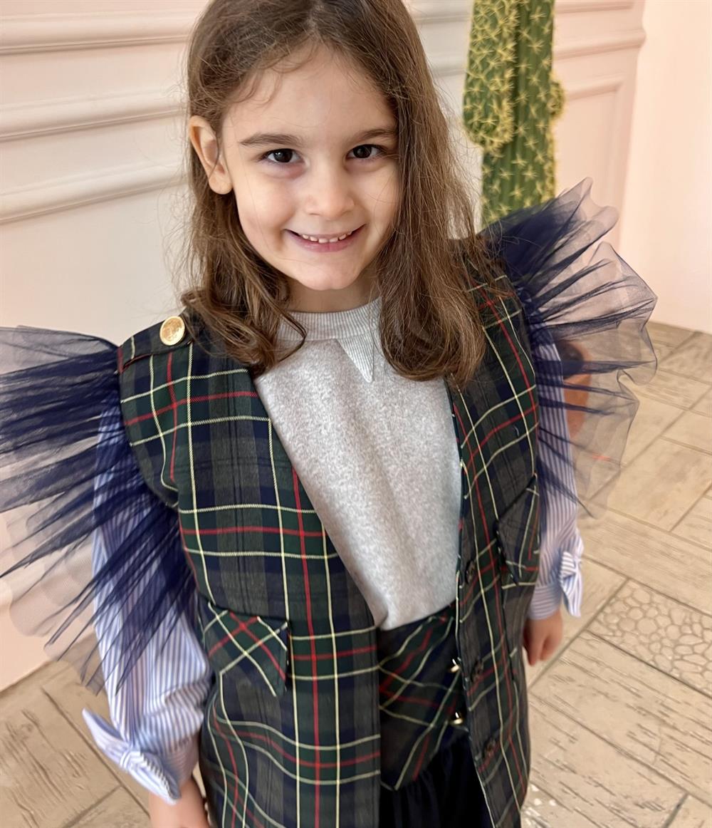 Tütü Kol Detaylı Ekose Yelek