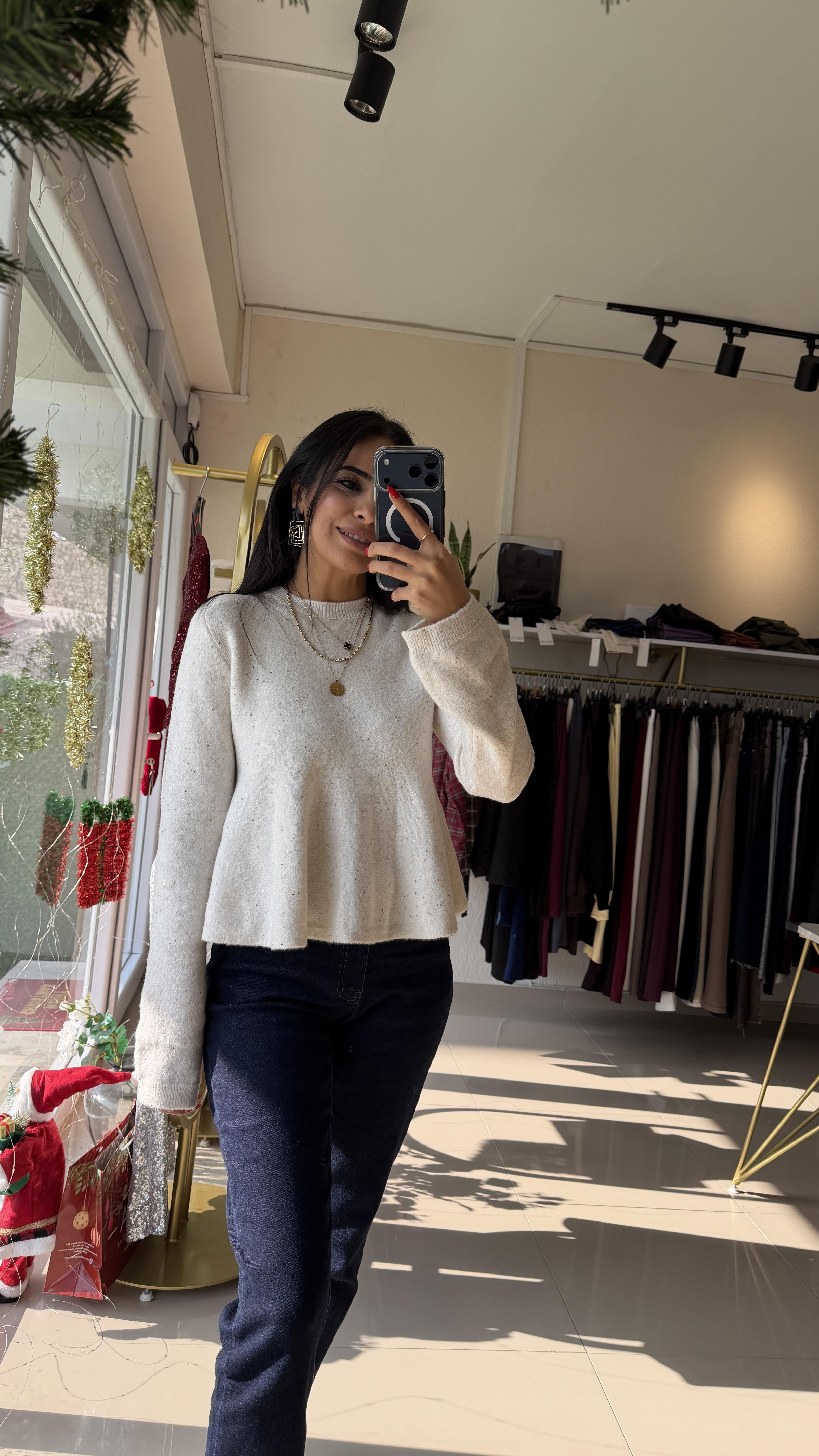10832 Peplum Parıltılı Triko Kazak-Krem