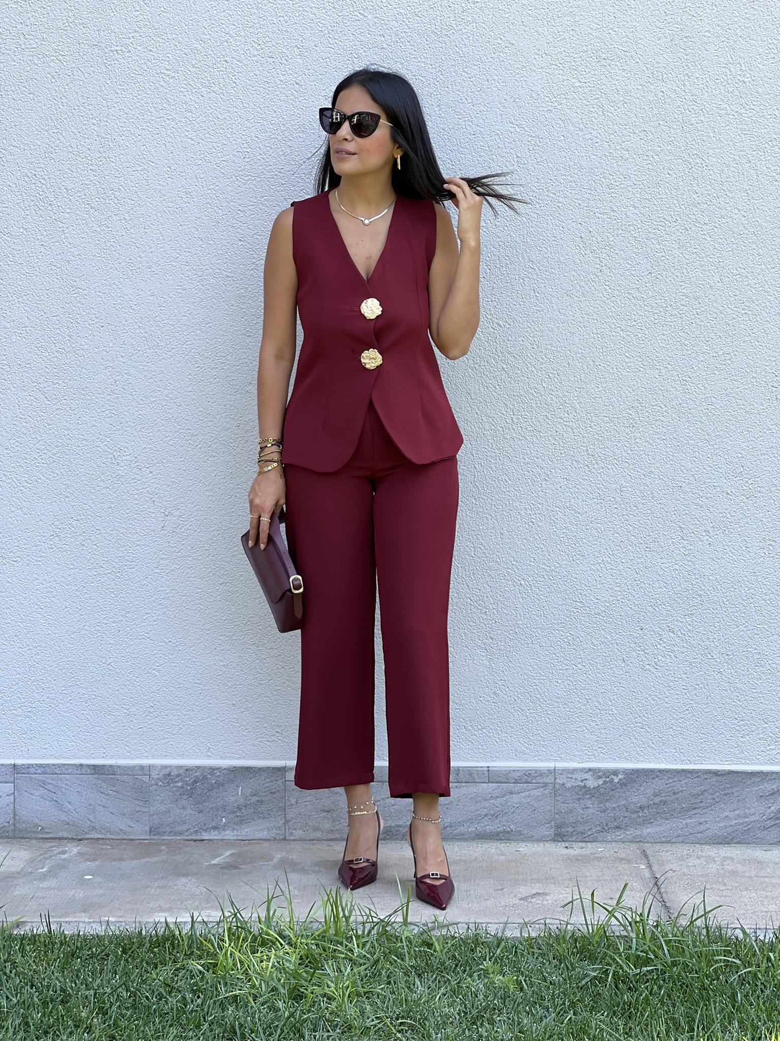 247169 GOLD DÜĞME YELEK PANTOLON TAKIM BORDO