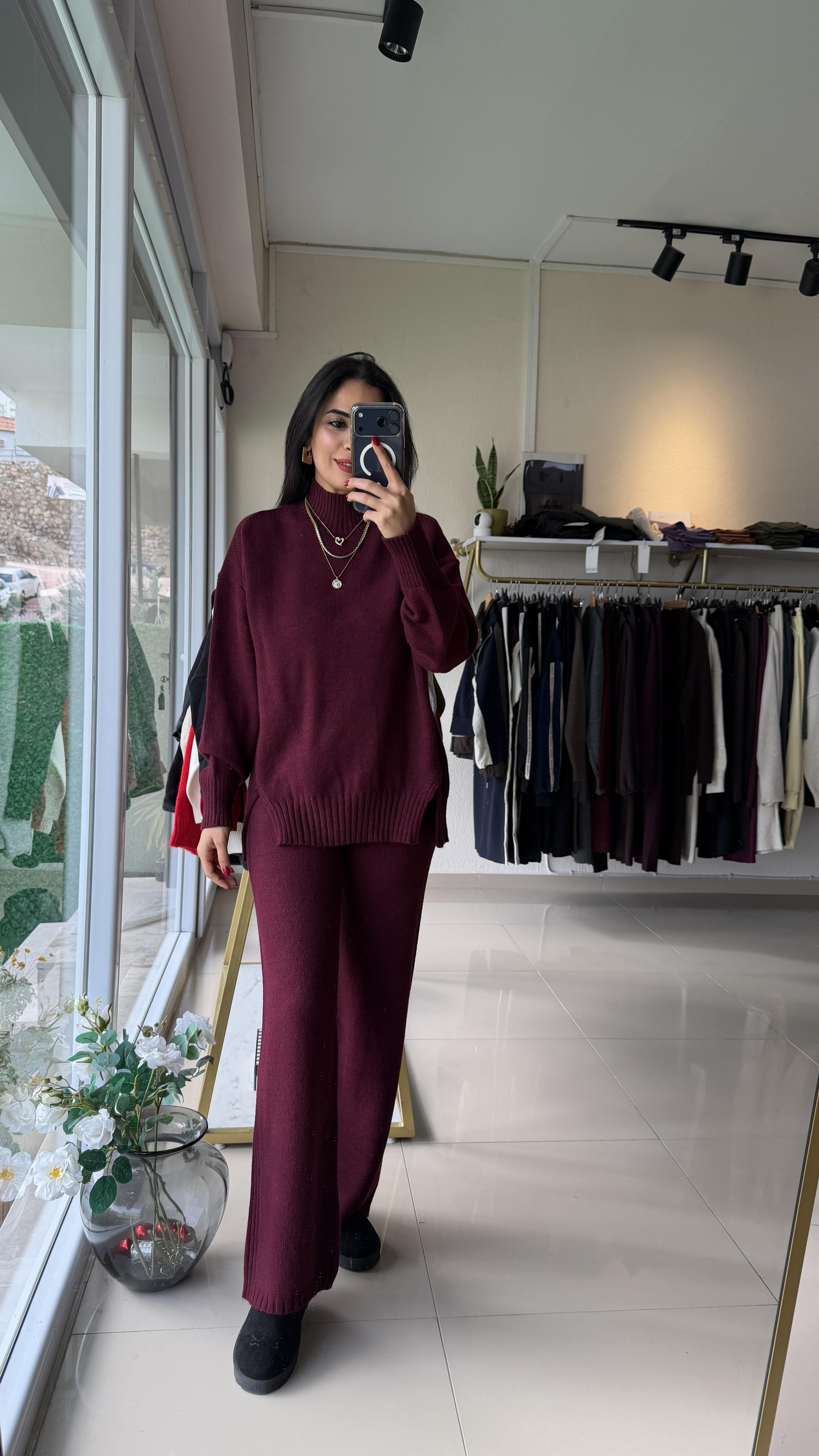 24753 Beli Lastikli Triko Takım Bordo