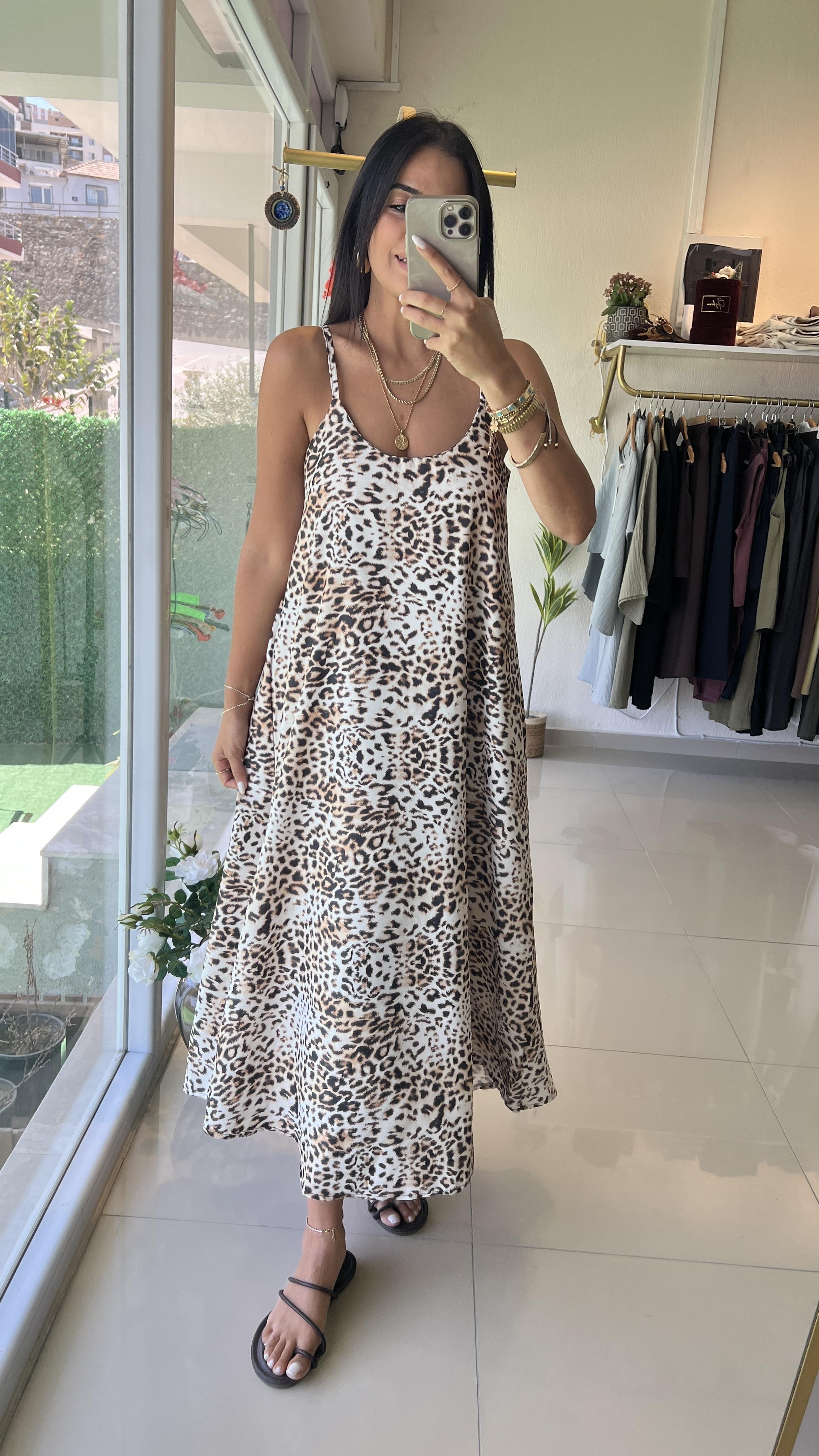 248074 LEOPAR DESENLİ ASKILI SATEN ELBİSE