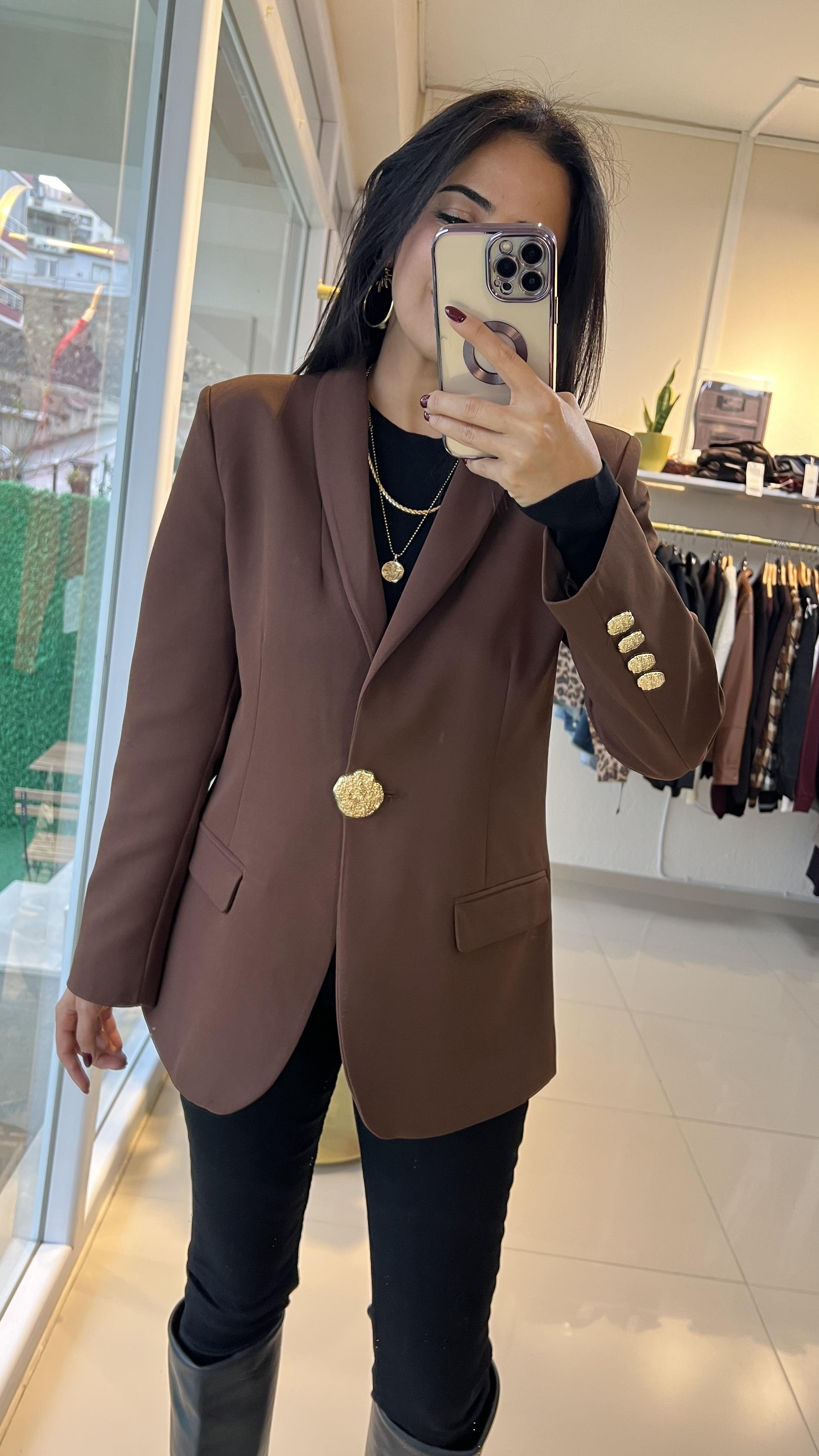 250410 GOLD DÜĞME BLAZER KAHVE