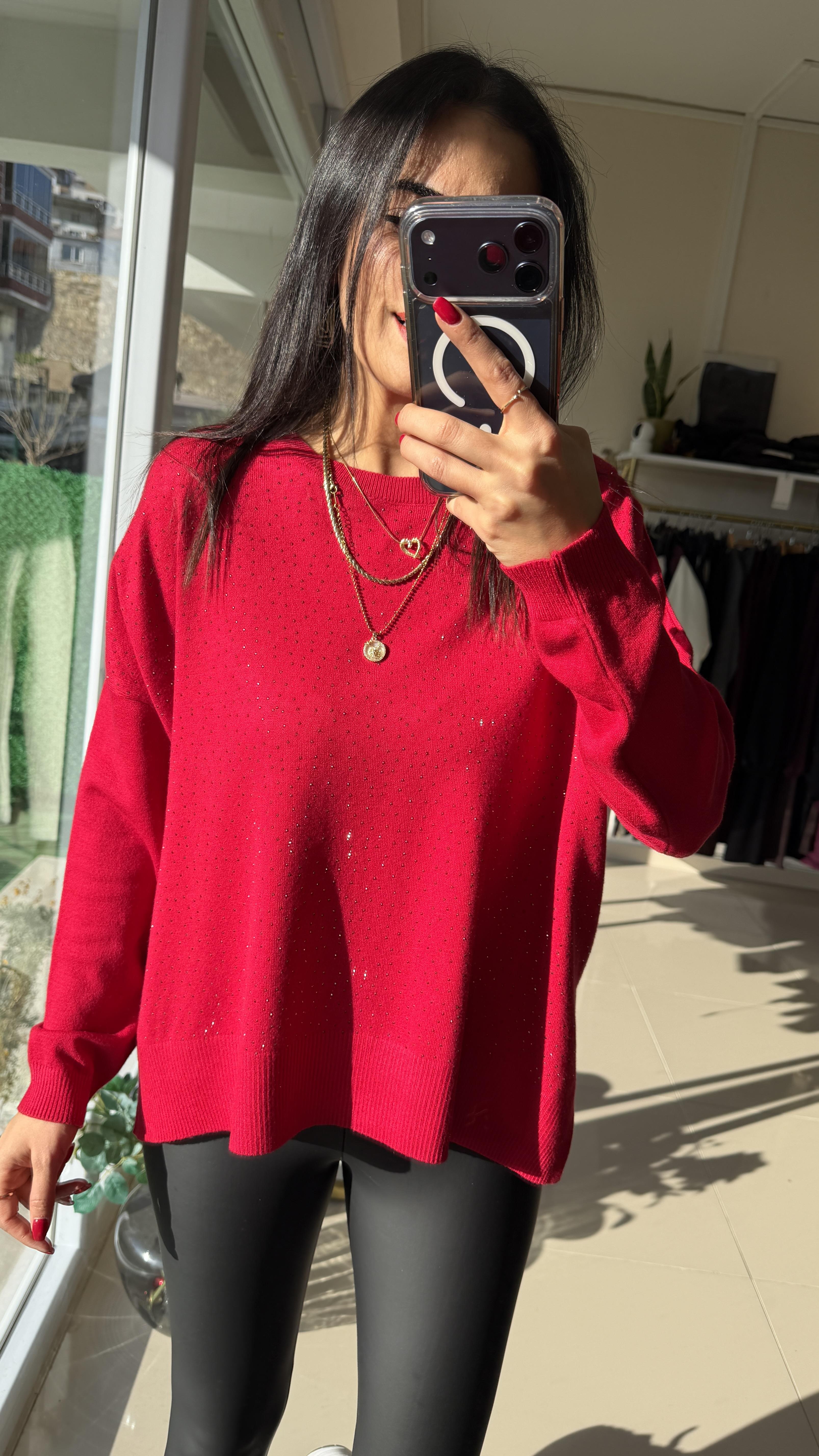25423-1 Taşlı Triko Kırmızı