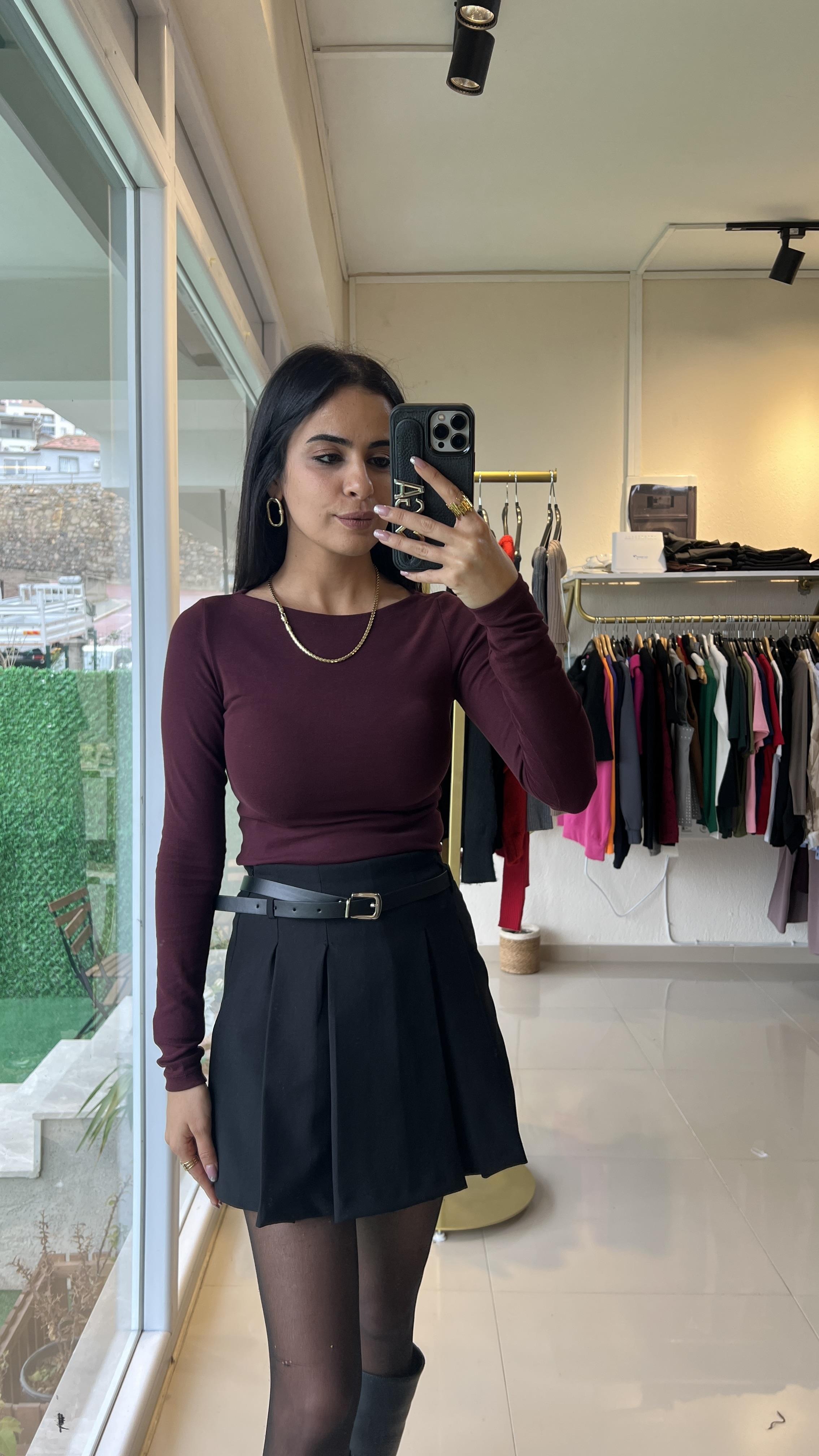 31332 KAYIK YAKA UZUN KOLLU TOP BORDO