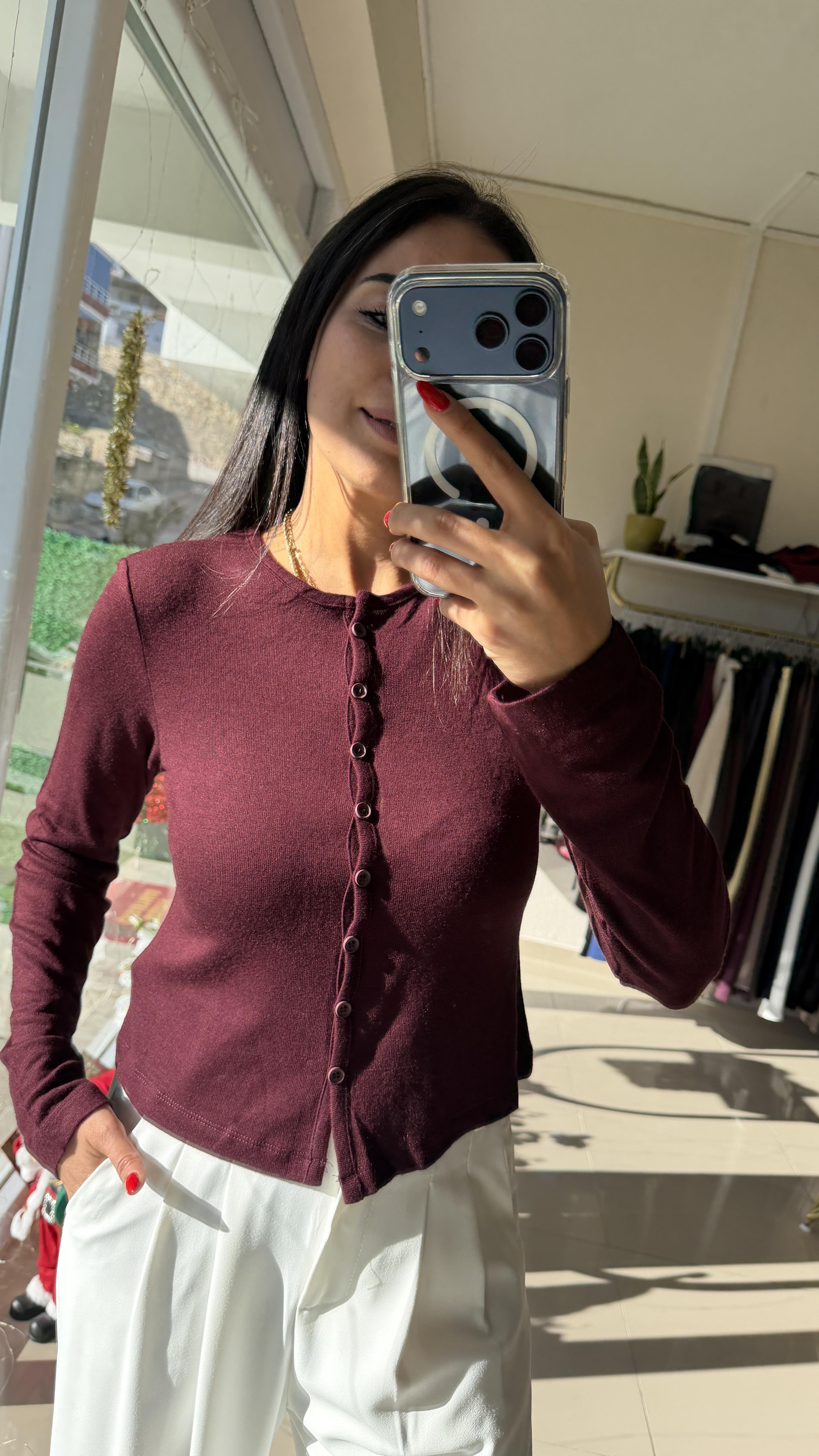 31413 Düğmeli Detaylı Hırka-Bordo
