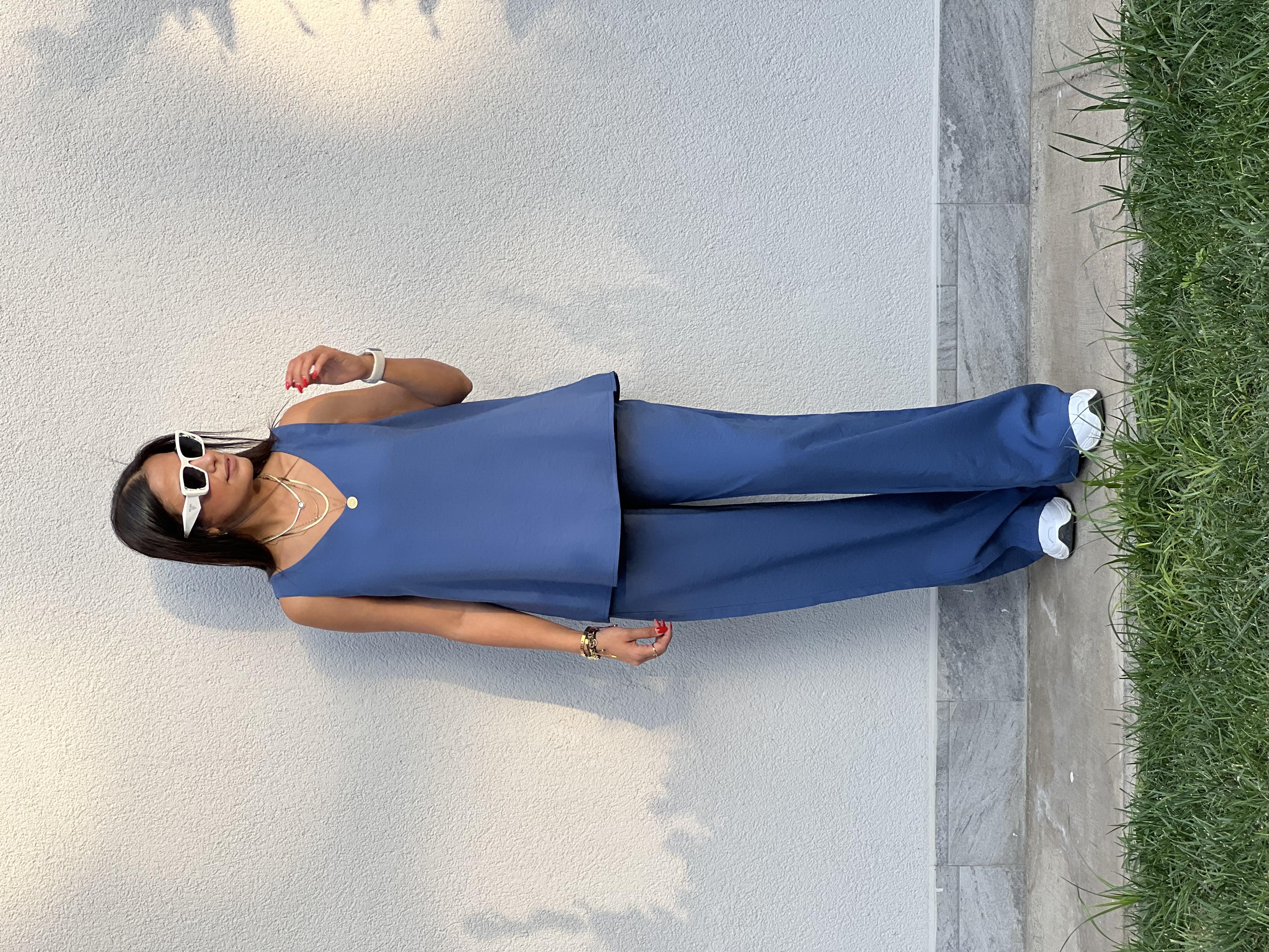 3142 KALIN ASKILI V YAKA BLUZ PANTOLON İNDİGO