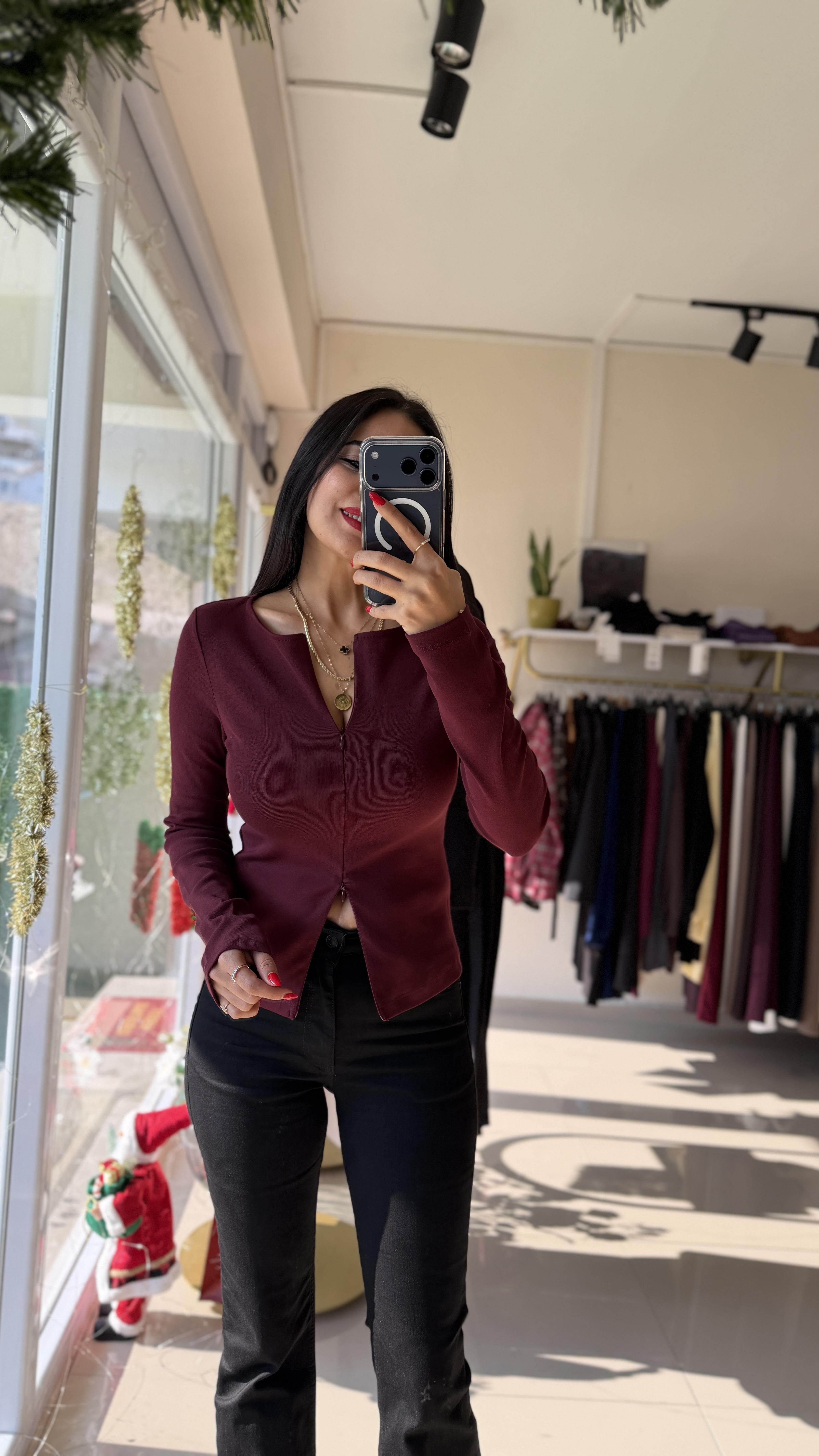 31993 Çift Fermuarlı Bluz-Bordo