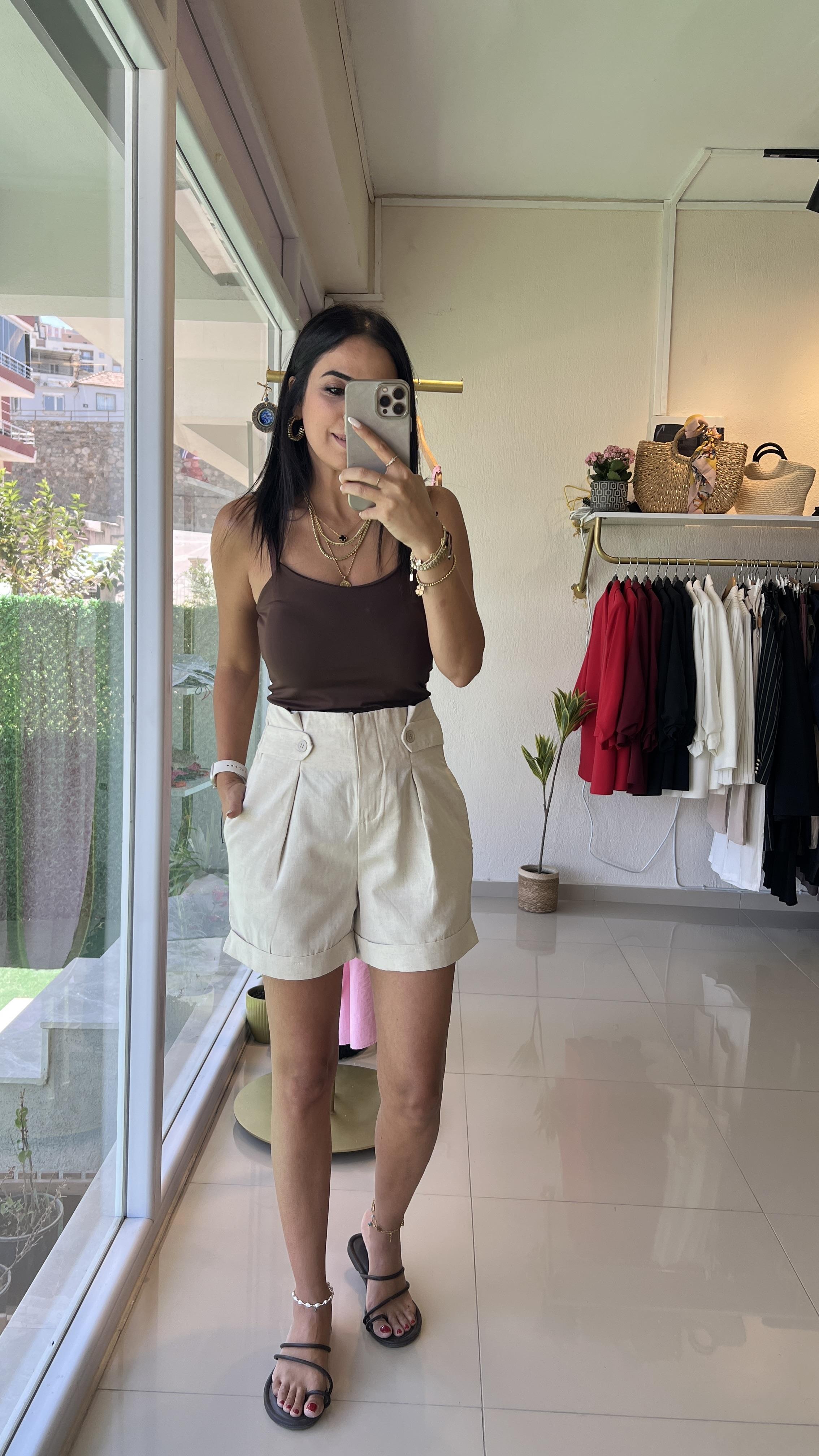 35079 %100 HAM KETEN ŞORT BEJ