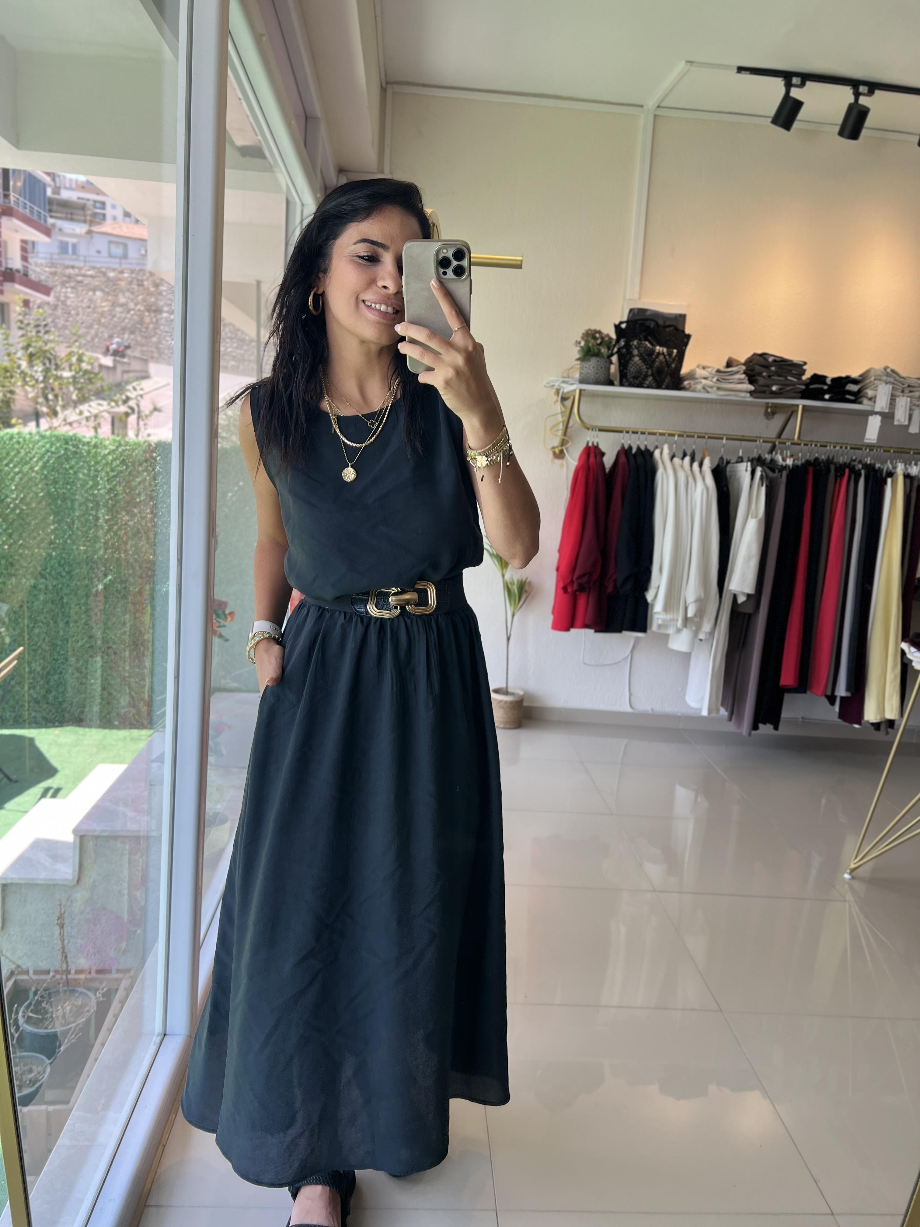 .3510 TENSEL KUMAŞ SIFIR KOL BLUZ & KLOŞ ETEK TAKIM SİYAH