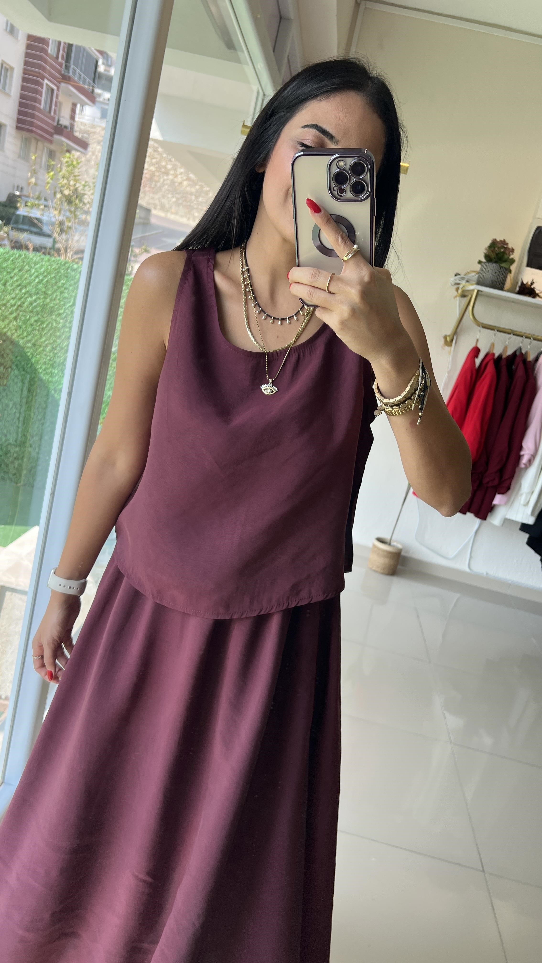 .3510 TENSEL KUMAŞ SIFIR KOL BLUZ & KLOŞ ETEK TAKIM BORDO